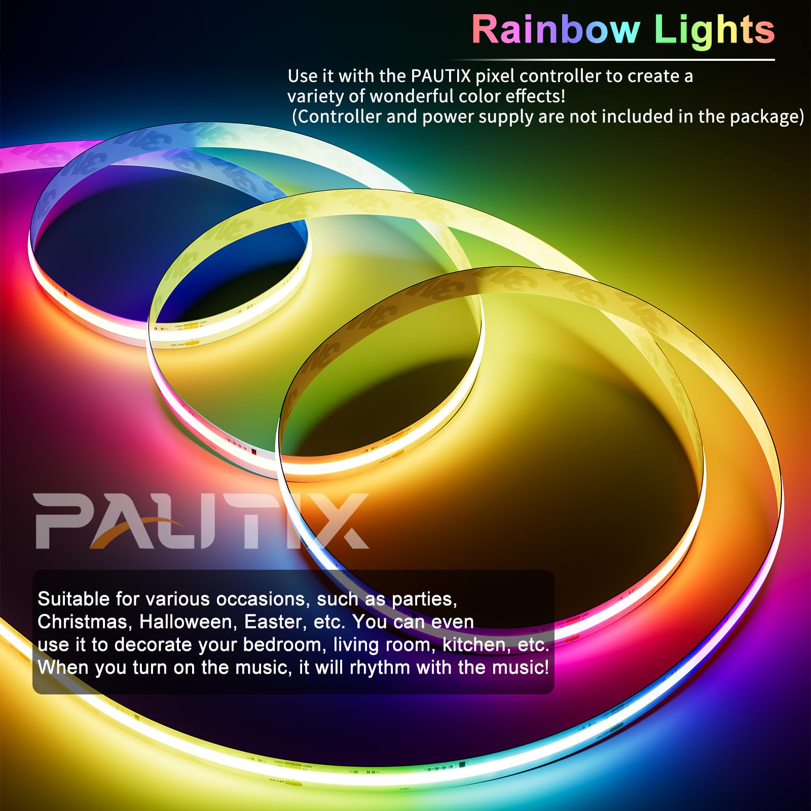 PAUTIX RGB Smart IC COB LED Strip Light, 24ft Multicolor, DC24V, Flexible Tape for TV & Bedroom, Model SRGB630F012W24-COB-7