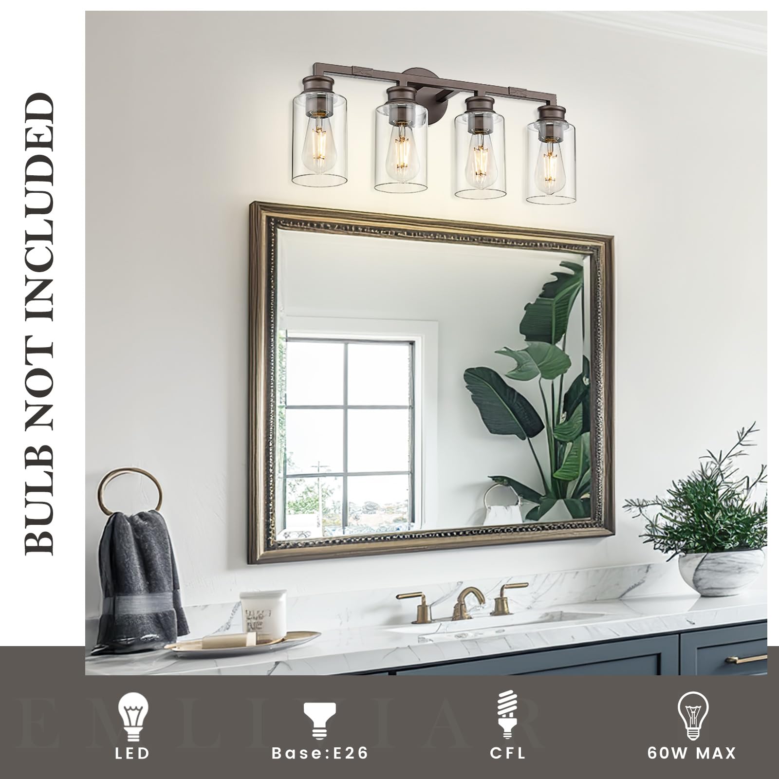 Emliviar 4-Light Vanity Light for Bathroom, Oil Rubbed Bronze, Metal, YCE253B-4W ORB, Clear Glass Shade