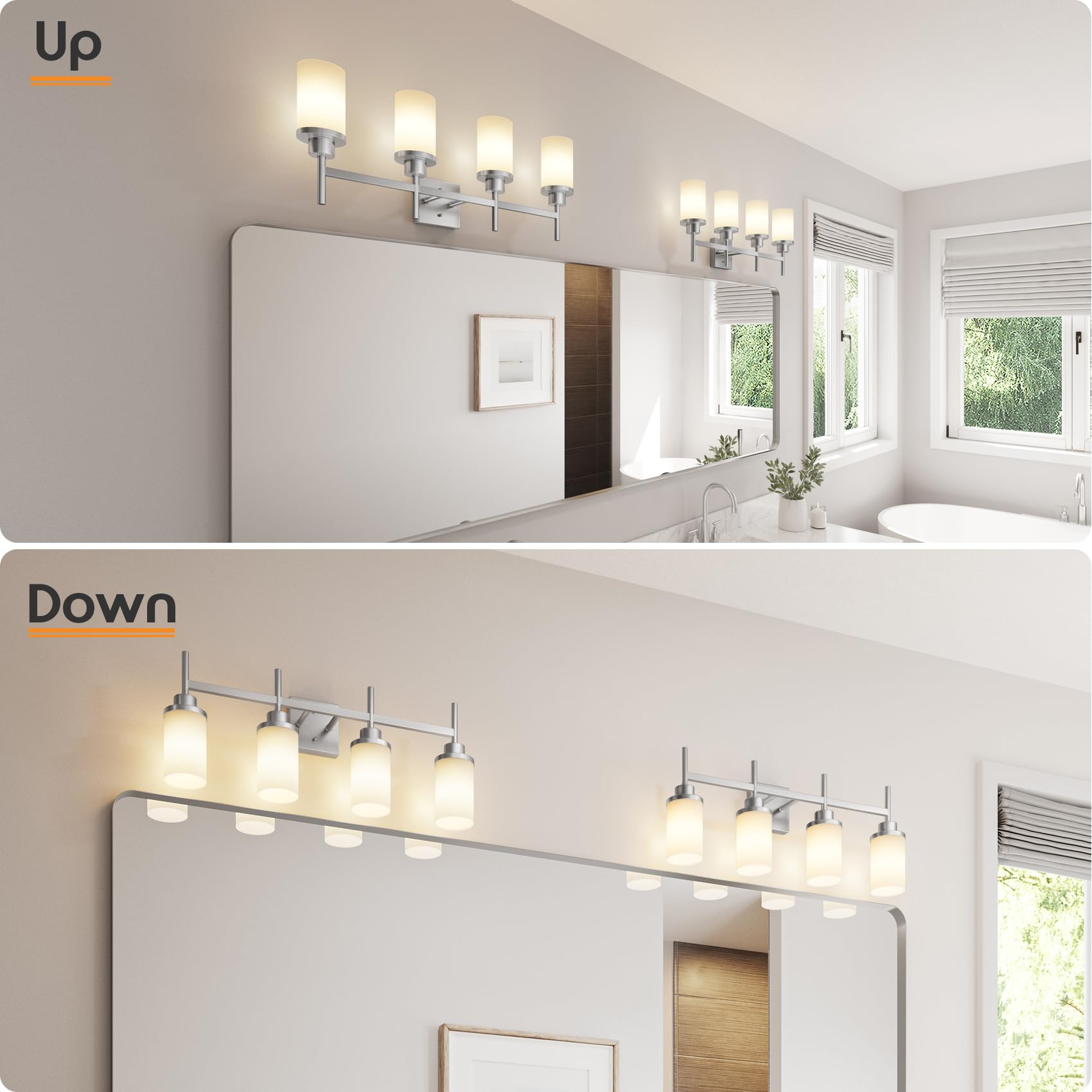 Aoneon 4-Light Vanity Lighting Fixtures With White Frosted Glass Shade  Brushed Nickel Bathroom Wall Lamps Over Mirror For Bath Restroom Kitchen T001Br-L4