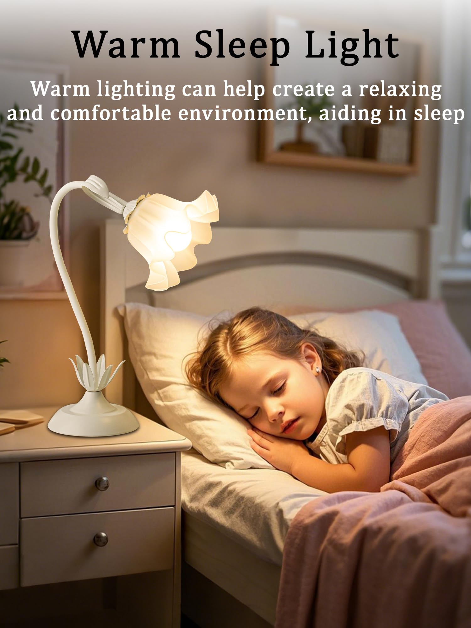 WULCFCH Flower Table Lamp, Vintage Lily of The Valley, Adjustable Gooseneck, LED, 3 Color Modes, White