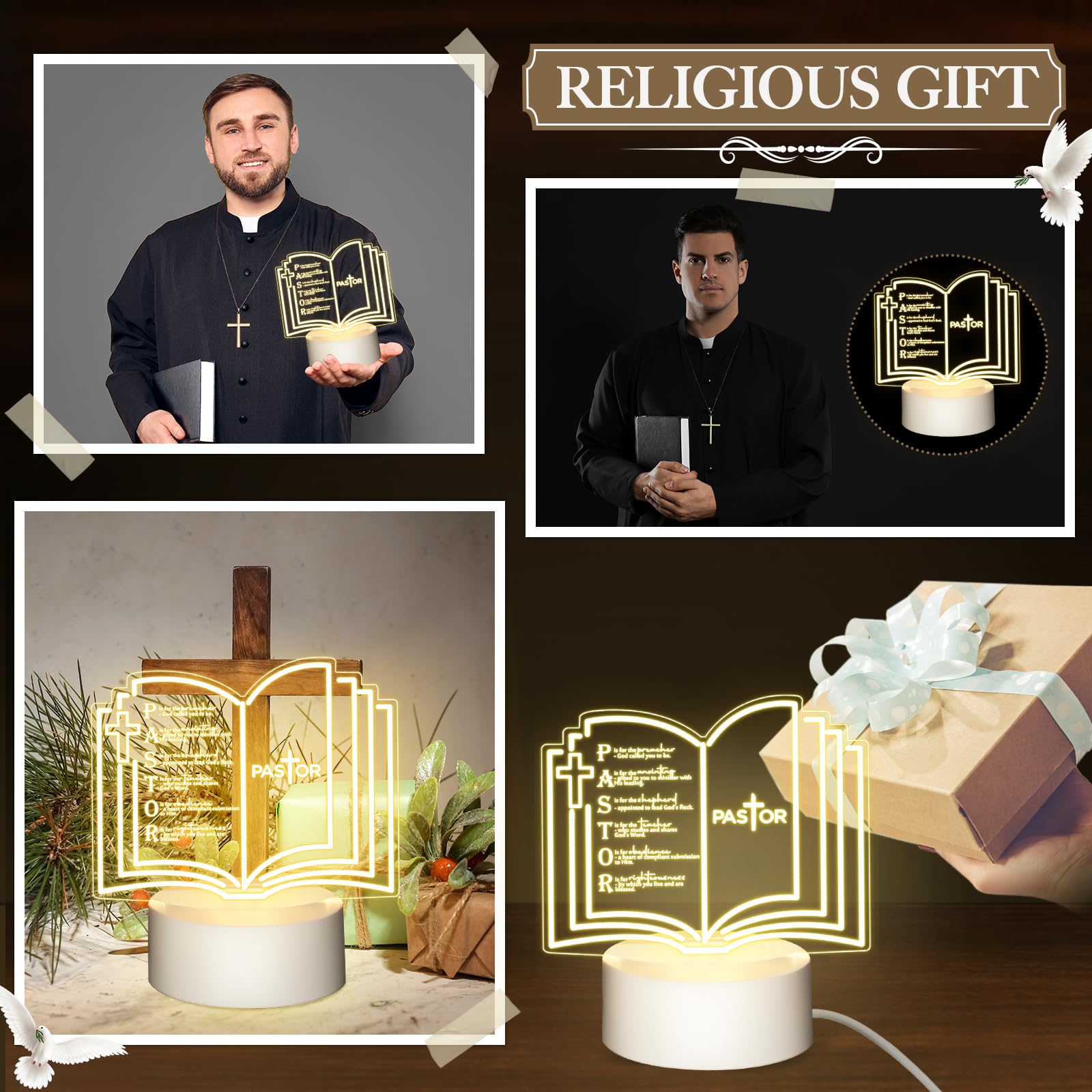 Kosiz 4 Pcs Pastor Appreciation Gift Led Night Light Christmas Christian Gifts Engraved Thank Clergy Sayings Acrylic Lamp With Base Religious Decor Men Women Clergy Staff Retirement (Stylish Pastor)