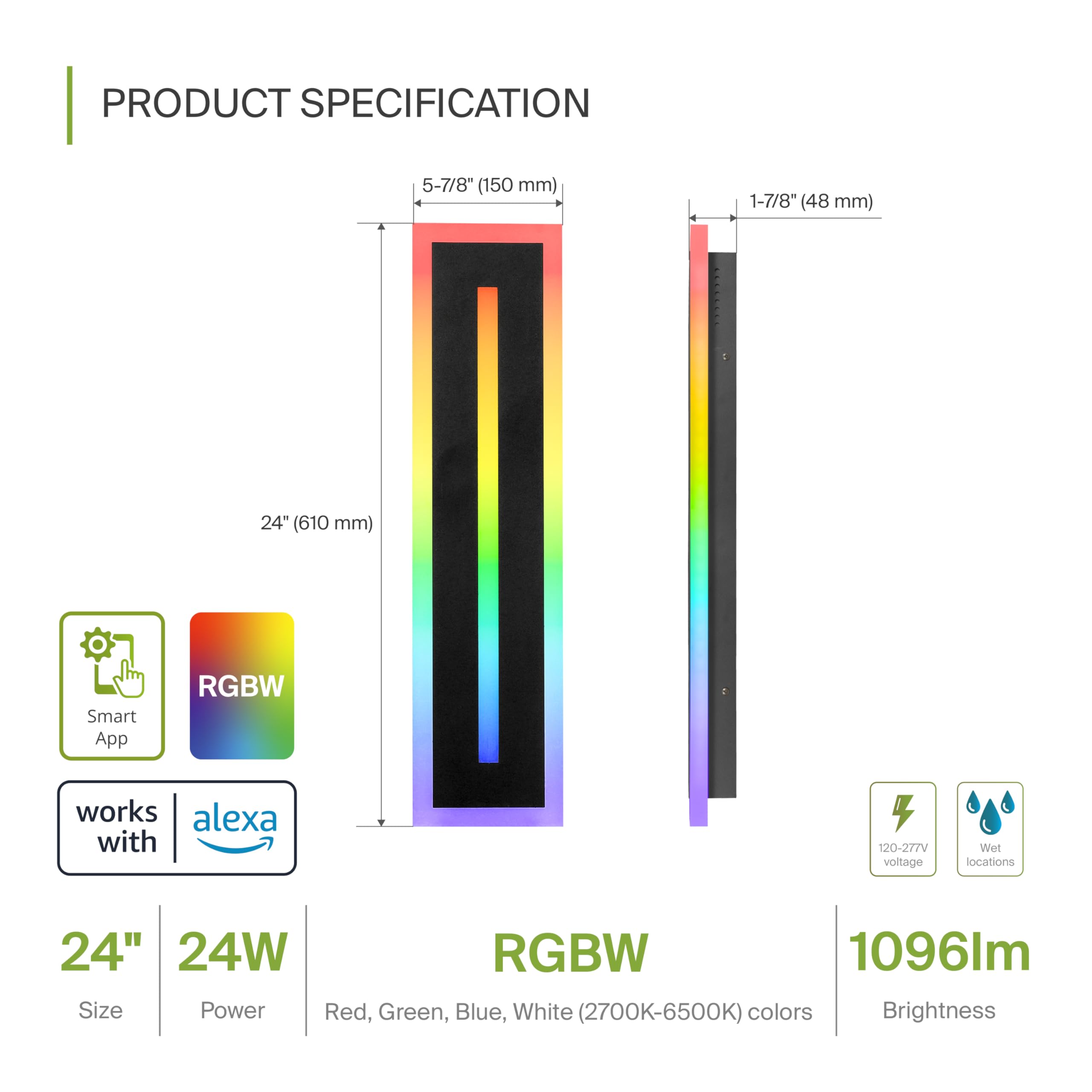 ASD LED Wall Mount Light Fixture, 24W 1100LM, RGBW, Waterproof, 24 Inch, Black, 2 Pack, Model A-WS27C24D24RGB
