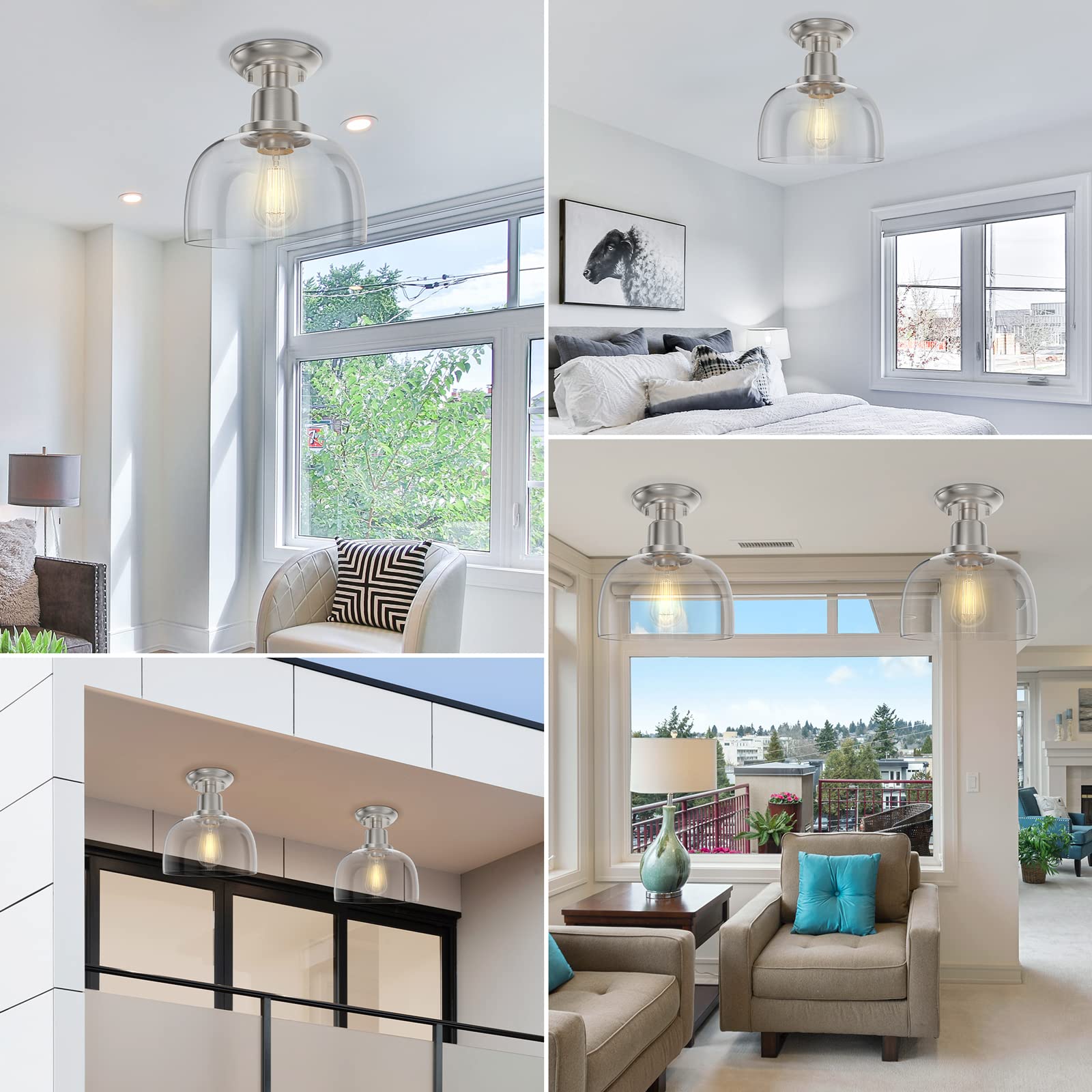 Eapudun Brushed Nickel Semi Flush Mount Ceiling Light With Clear Glass Shade, 1 Light Fixture