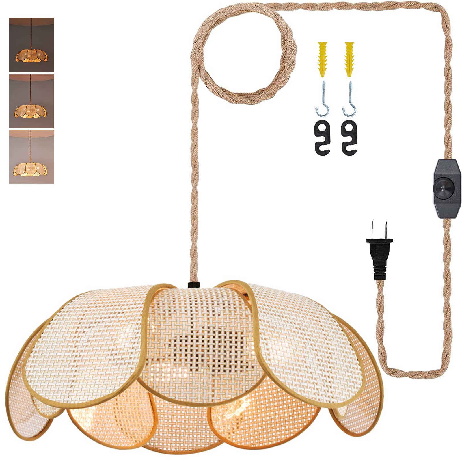 3-Light Hanging Lights with Plug in Cord  14.3FT Stepless Brightness Flower Shaped Hanging Lamp with On/Off/Dimmable Switch  Boho Handwoven Chandelier Rattan Pendant Light for Bedroom Nursery (Cream)