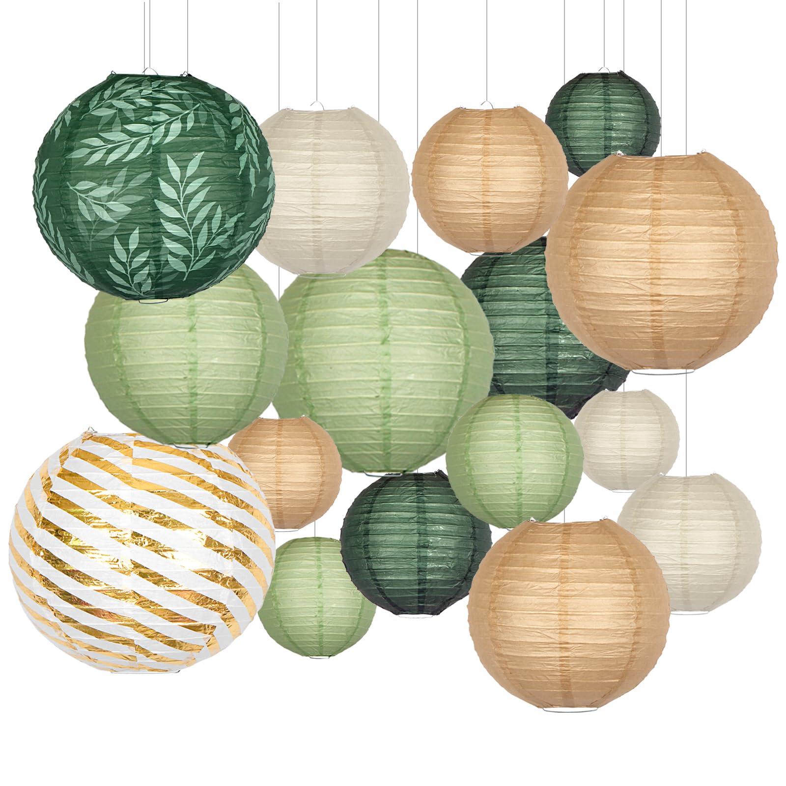 Round Chinese Paper Lanterns Decorative 16pcs Sage Green Brown Hanging Paper Lantern for Graduation, Birthday, Wedding, Jungle Theme Baby Shower Party Decorations