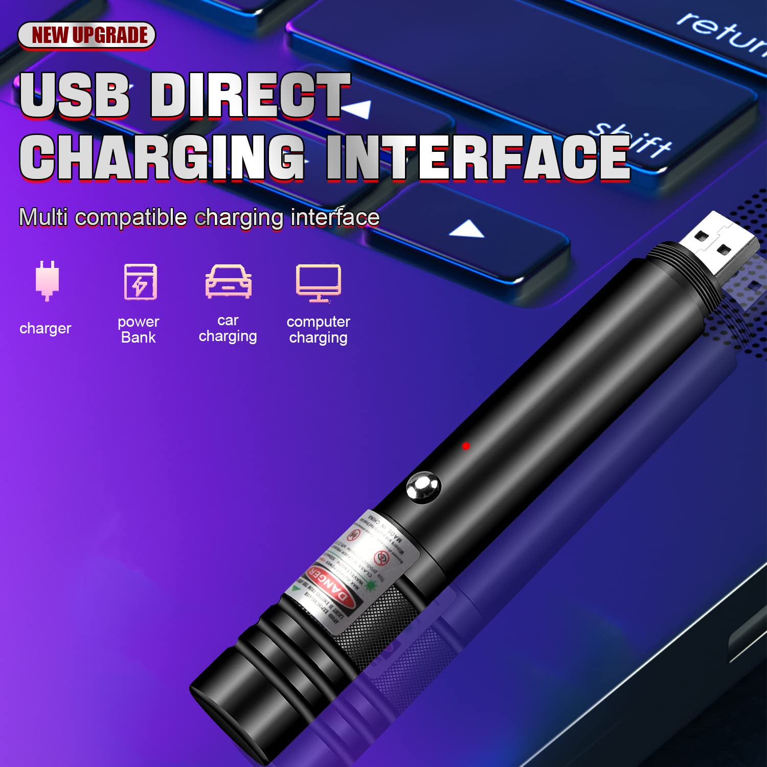 FUIIKEEM EDC Pen Light - Rechargeable LED Flashlight & Green Laser Pointer, Black, USB Port, Ideal for Presentations & Outdoor Adventures