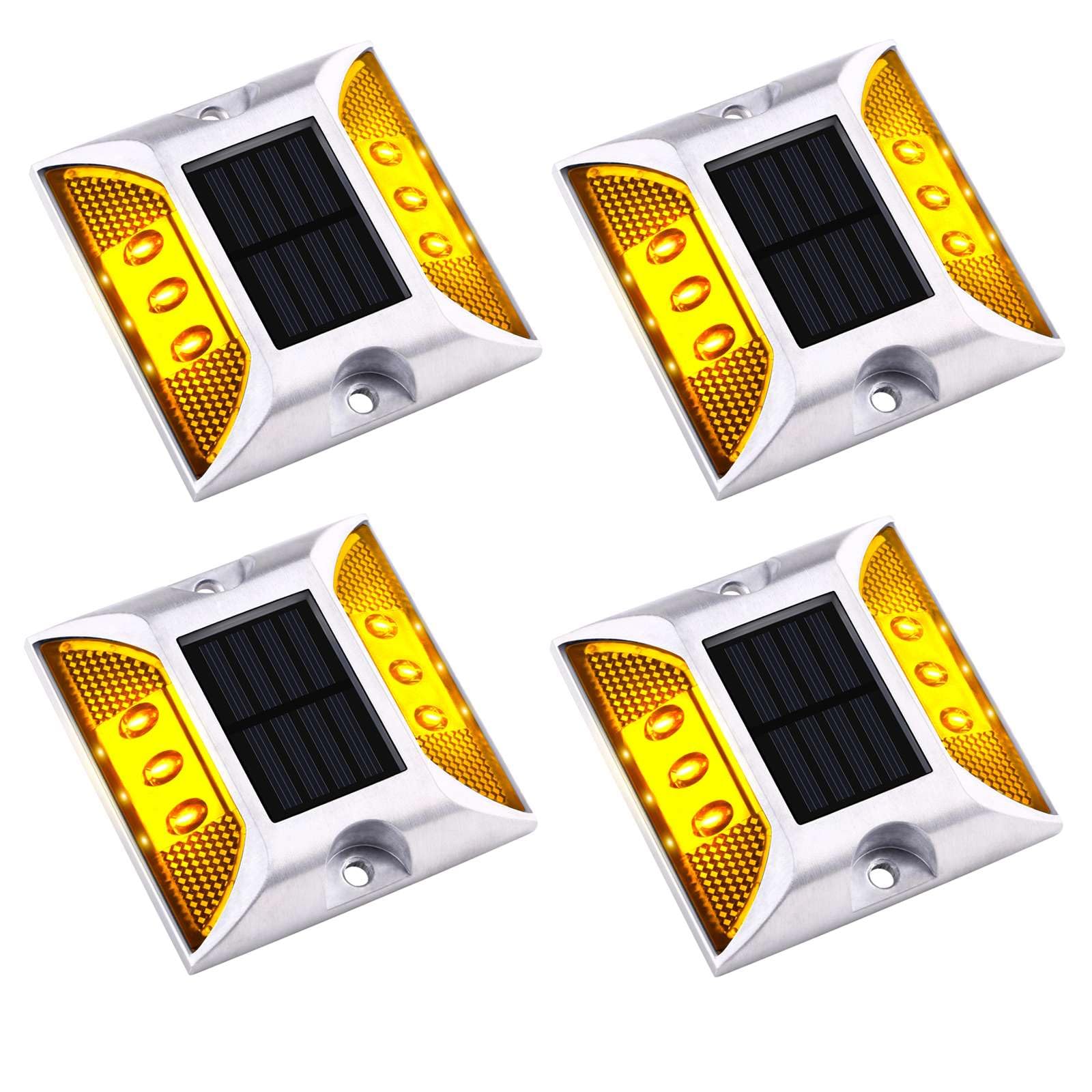 Aolyty Solar Driveway Dock Lights  IP68 Waterproof Solar Deck Light Outdoor Warning Step Lights Reflective Road Marker for Sidewalk Stair Garden Pathway Walkway (4 Pack  Yellow)