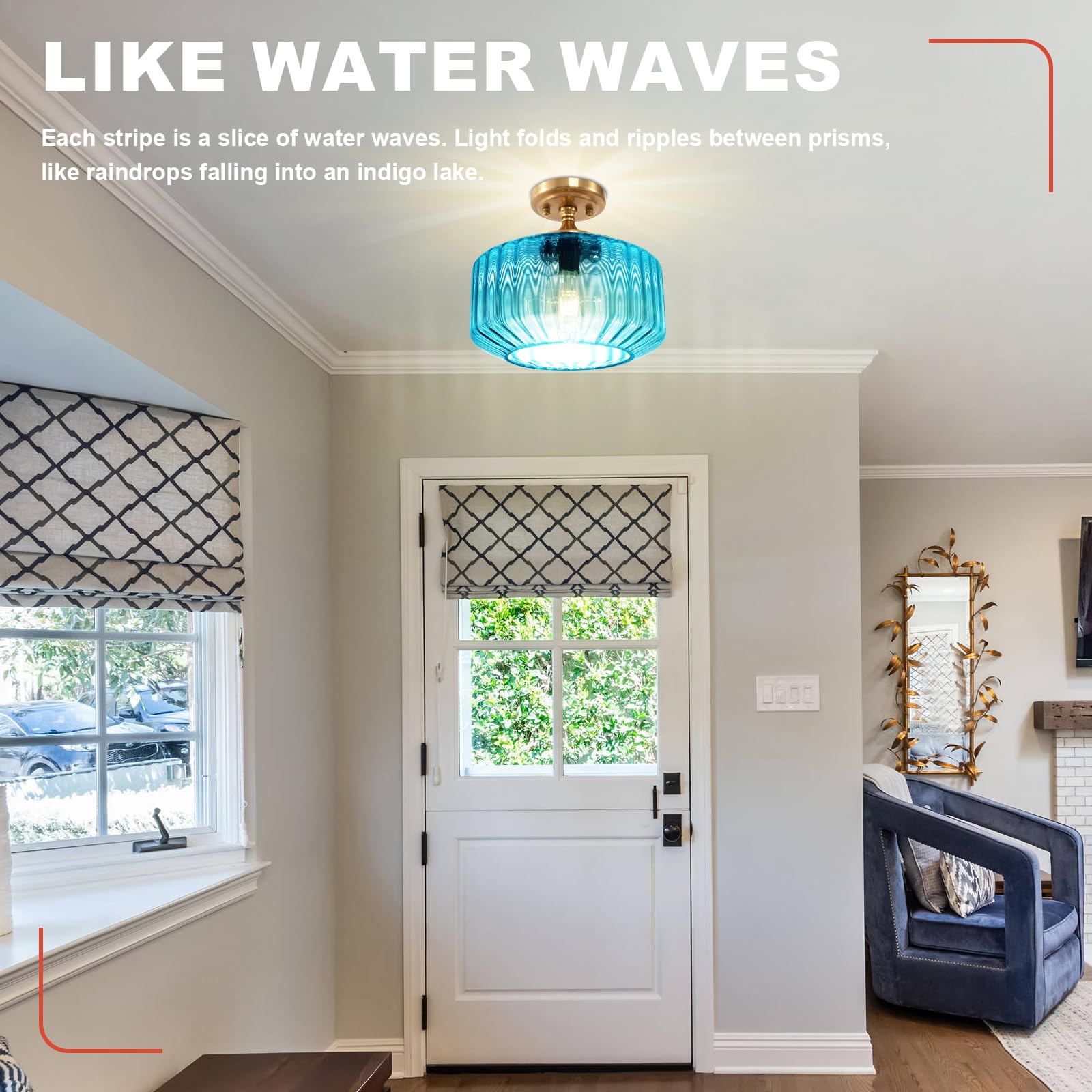 Qepeety Blue Glass Flush Mount Ceiling Light  11.02 Vintage Gold Chandelier Hallway Lights Fixture  Modern Close To Ceiling Lighting For Bathroom Bedroom  Compatible With E26 Bulb (Bulb Not Included)