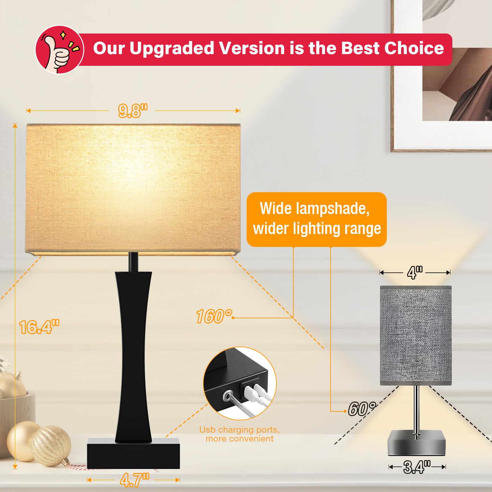 Seealle Bedside Lamps Set of 2 - 3 Way Dimmable, Touch Control, USB C+A Ports, Metal, Medium, Beige&Black