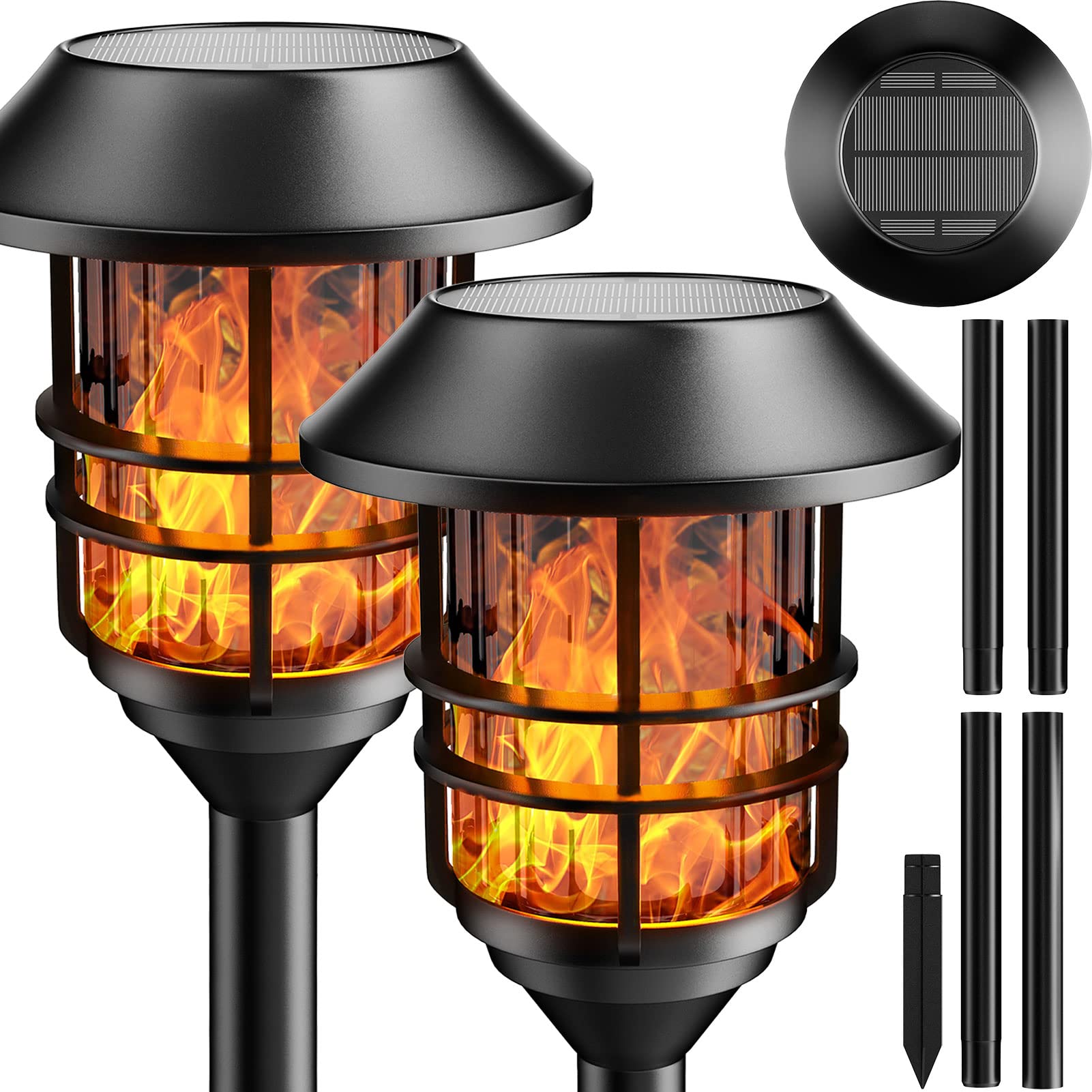 ZOOHAR Solar Pathway Flame Lights - Outdoor LED, Waterproof, Metal, 2 Pack, Model 2024