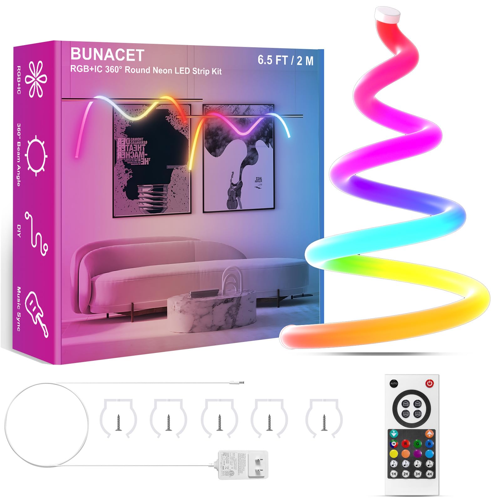 6.5FT 360 Degree Round RGB IC Neon LED Strip Light Kit with Controller & DC 24V Power Supply Flexible IP65 Waterproof 216LEDS/M 