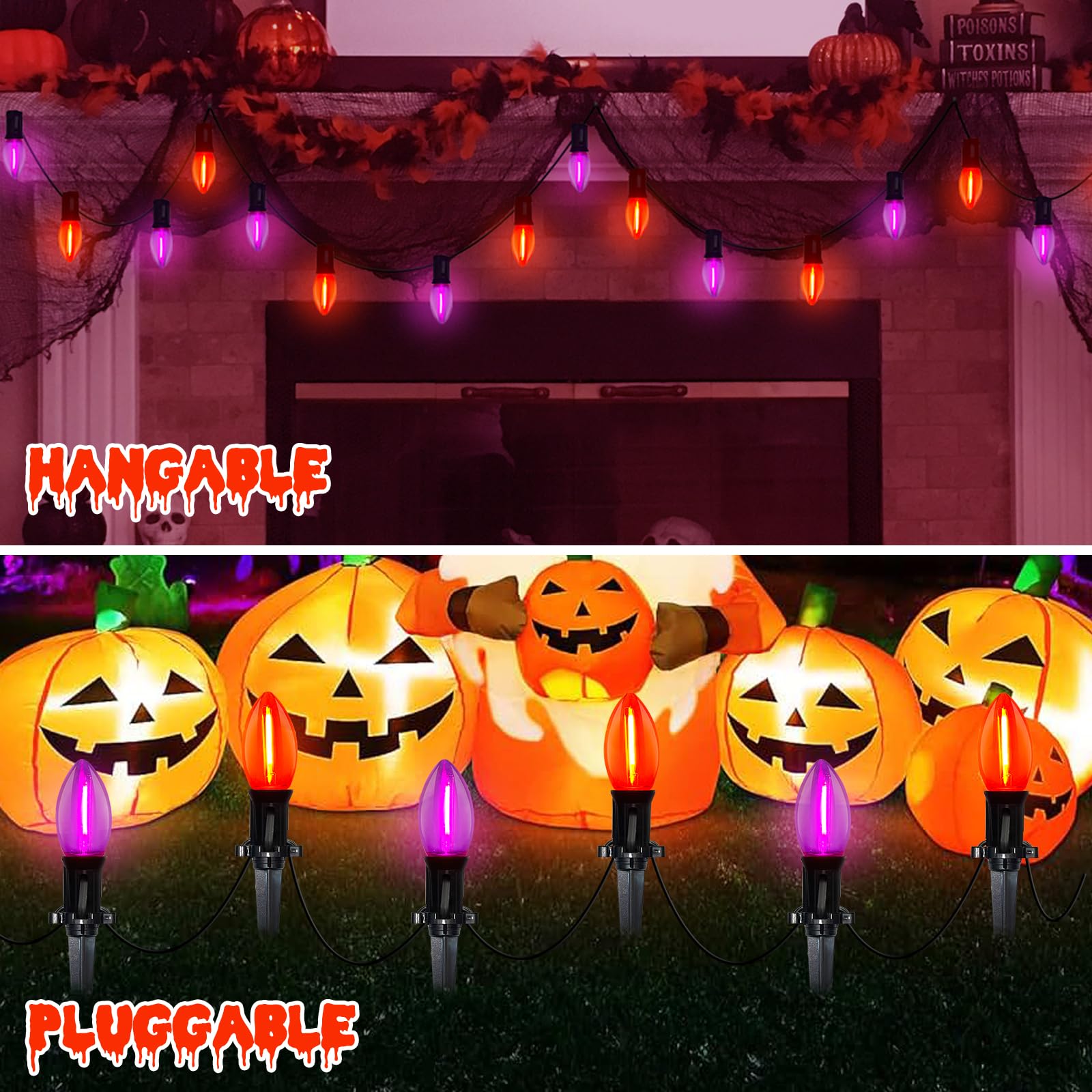 Konictom Halloween Pathway Lights, 10 Pack C9 LED Orange/Purple, 19.5Ft, Outdoor Stake Lights for Garden Yard Decor