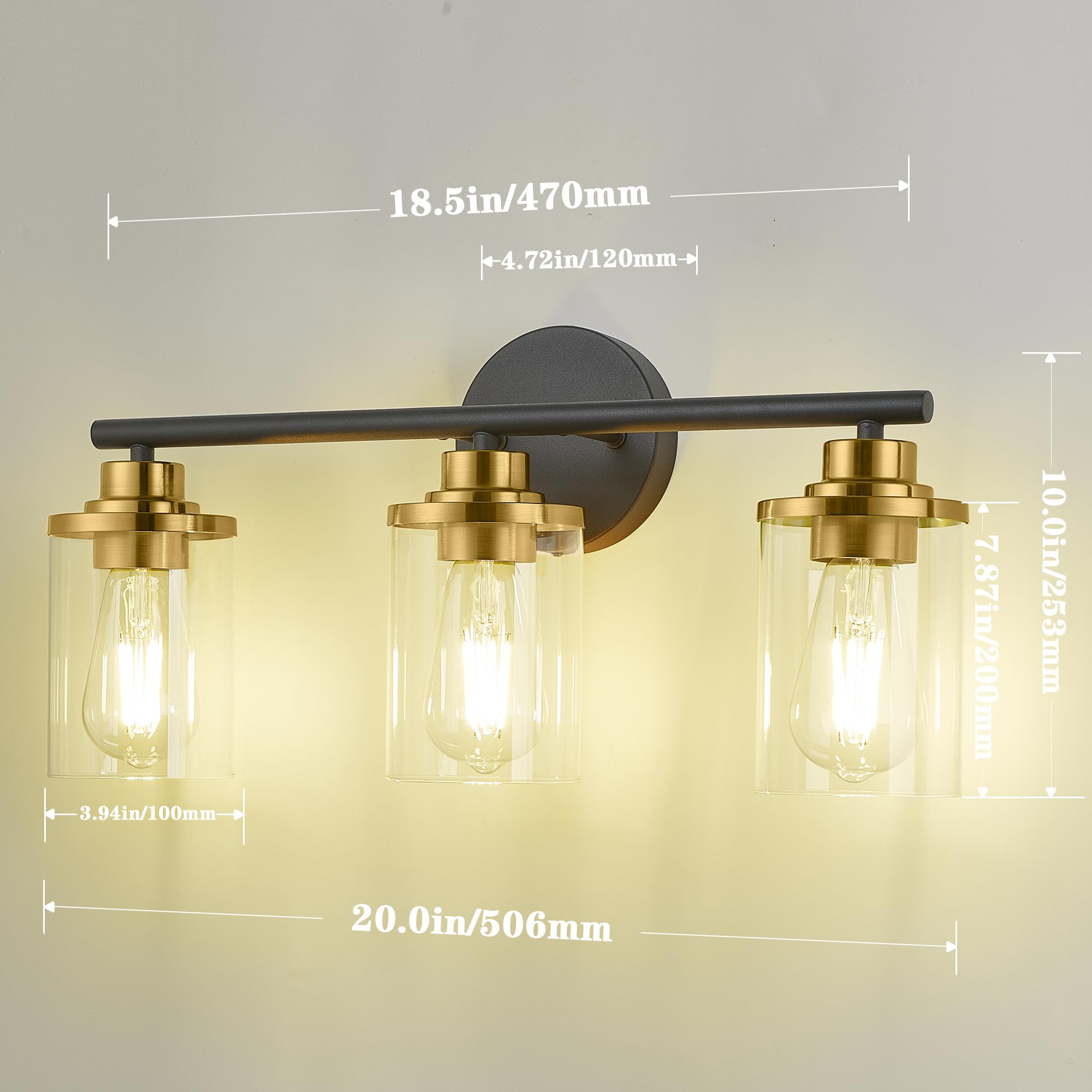 Porphyions Bathroom Light Fixtures,Vanity Lights,Black And Gold Bathroom Lights Over Mirror,Gold Black Vanity Light For Bathroom,20'' Black Gold 3-Light Modern Bathroom Sconce