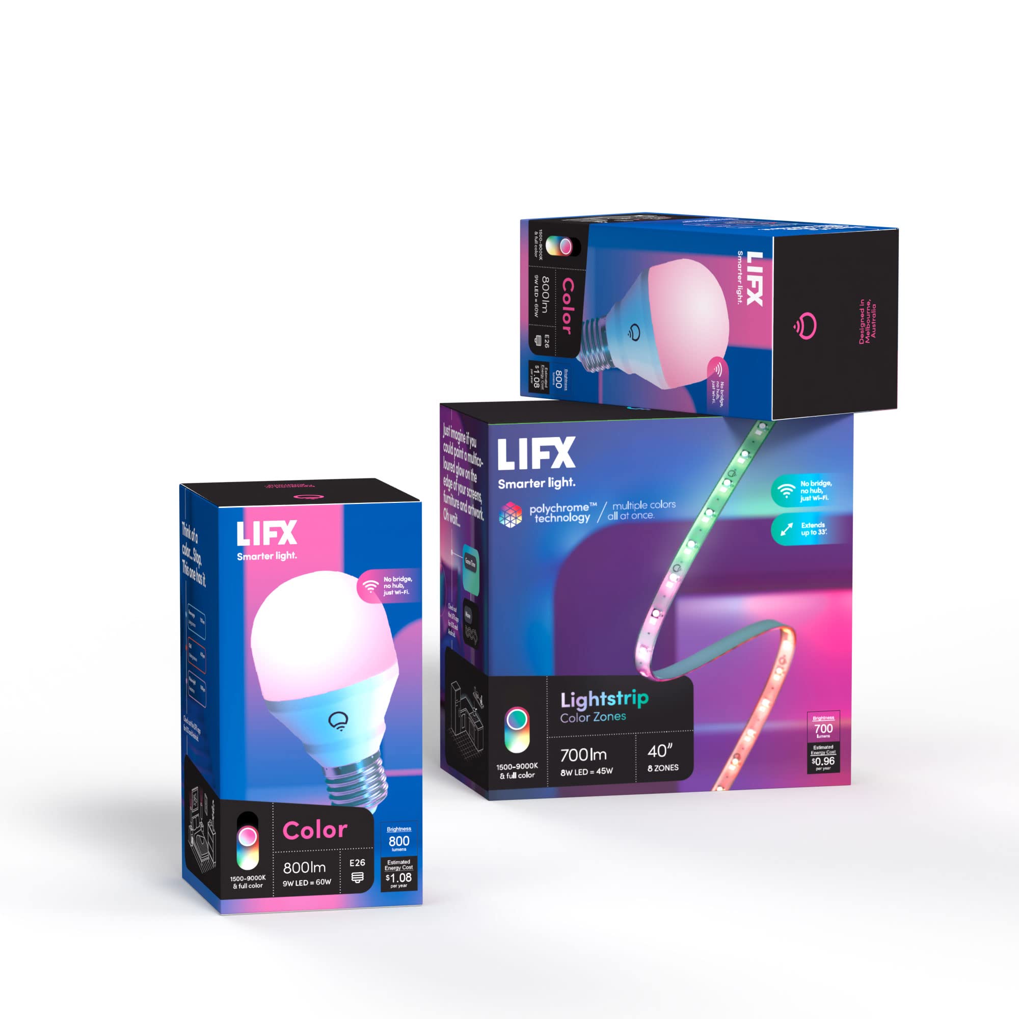 LIFX Smart Bedroom Bundle – 2 Color 800 Lumen Bulbs & 40in LED Lightstrip, Multicolor, 3 Piece Set, Model SBUNDLE002