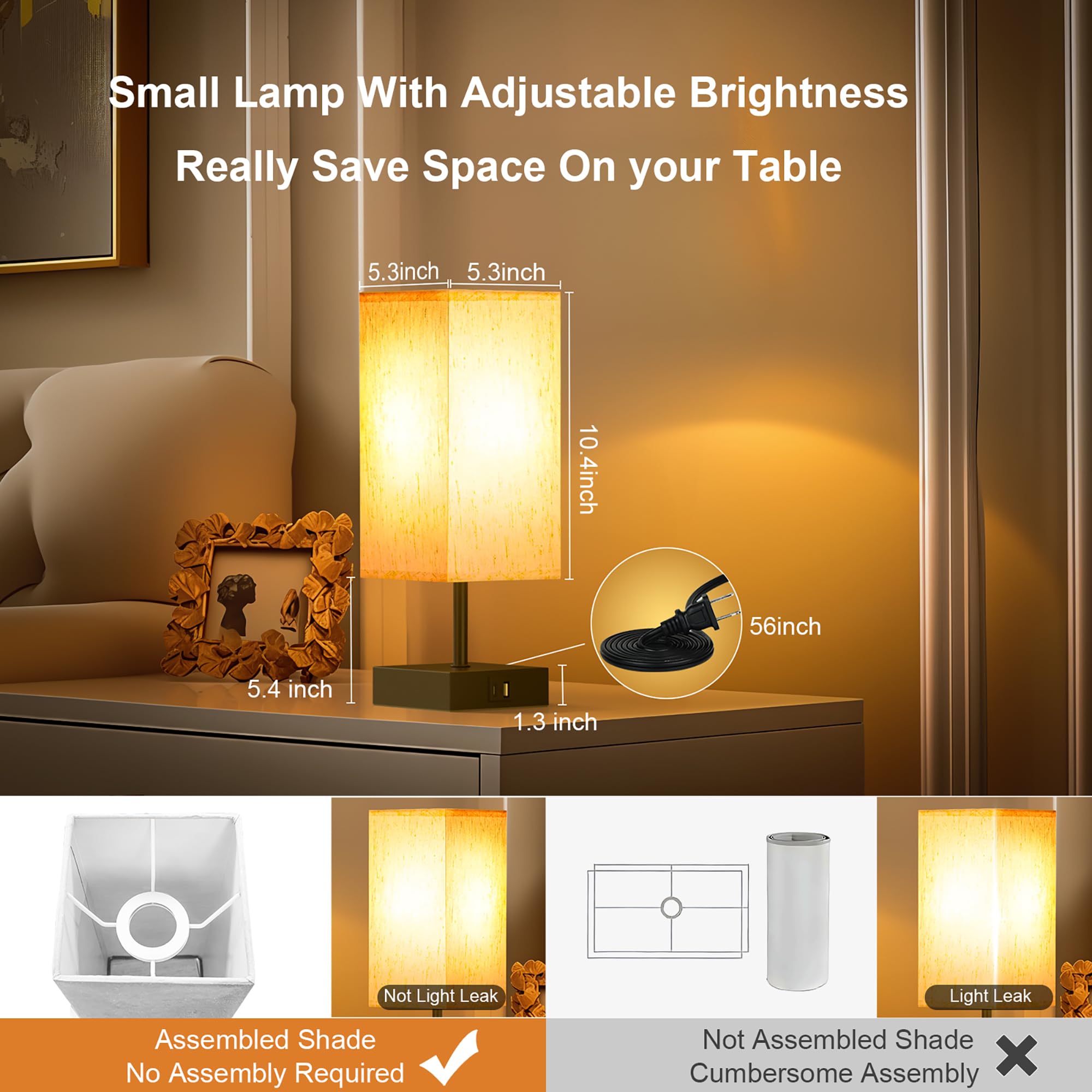 Hansang Bedside Lamp, Touch Lamp With 3 Way Dimmable 2700K Led Bulb Touch Control Usba Usbc Charging Port Black Base Linen Fabri