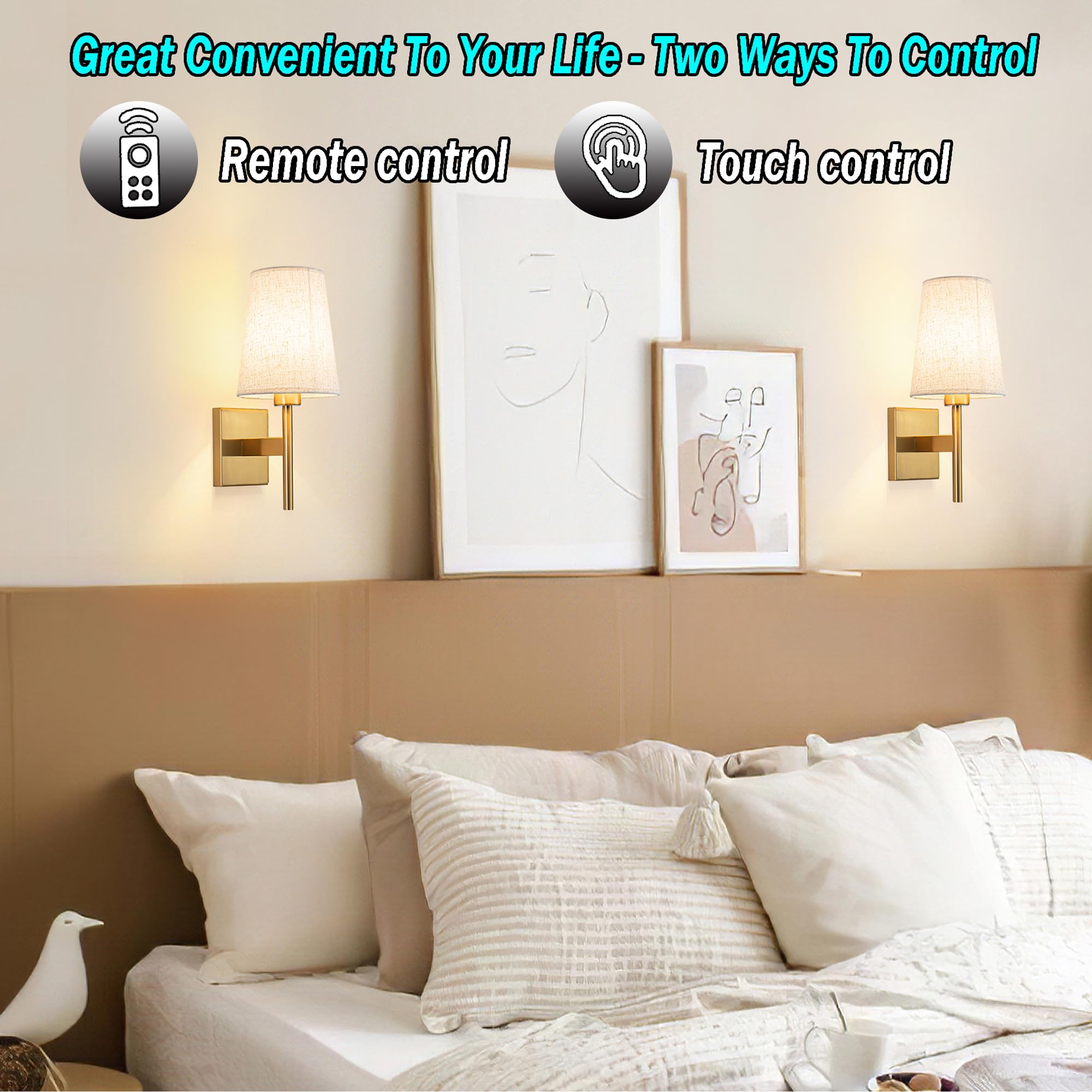 YHCDLAMP Battery Operated Wall Sconces Set of Two, RGB Color Changing, Dimmable, Brass, Easy to Install, One Size