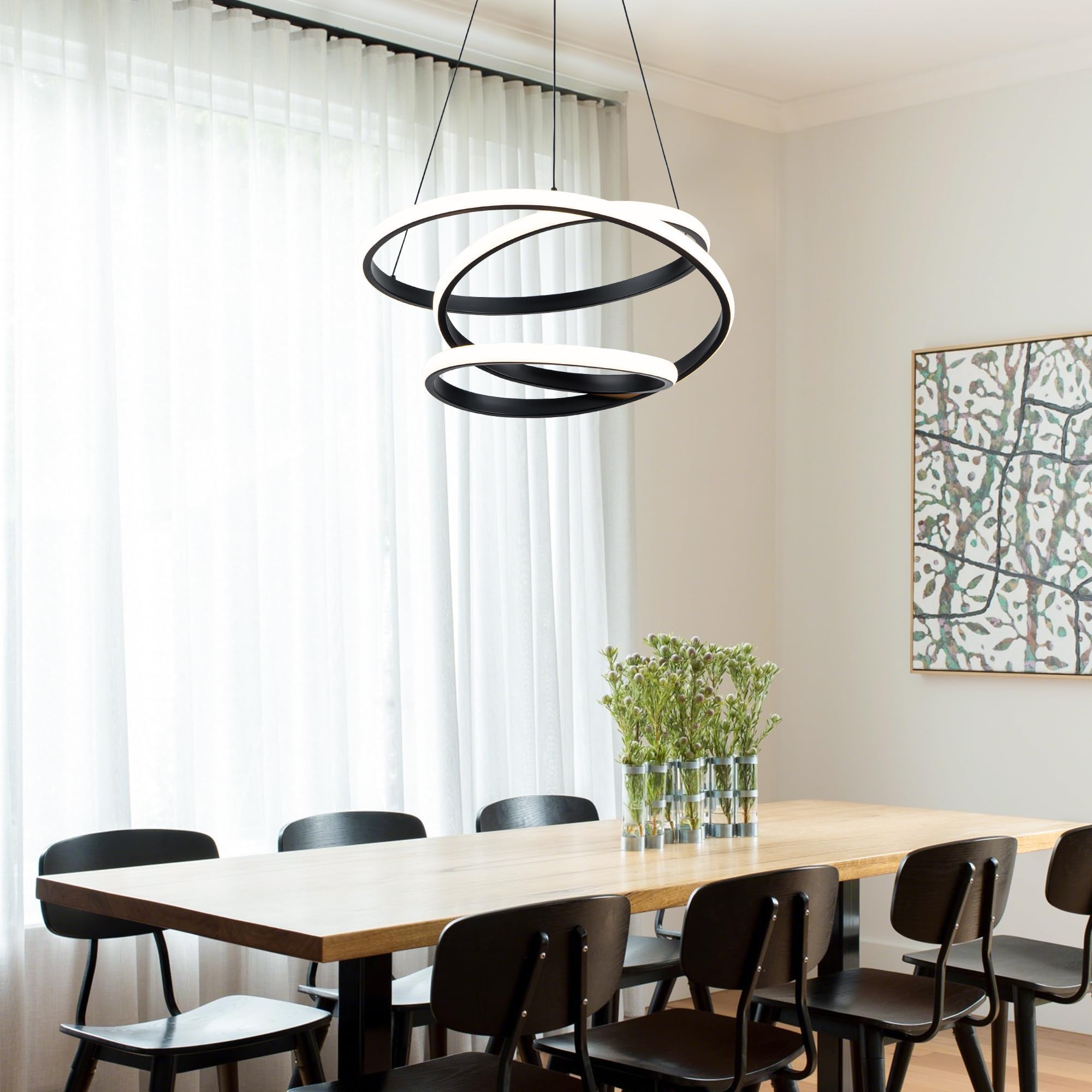 Mayful Modern Chandelier With Remote Control  3-Color Dimmable Led Pendant Light Fixtures  Height Adjustable Kitchen Island Lighting For Dining Room Bedroom Living Room Foyer Office Black 19.7 Inches