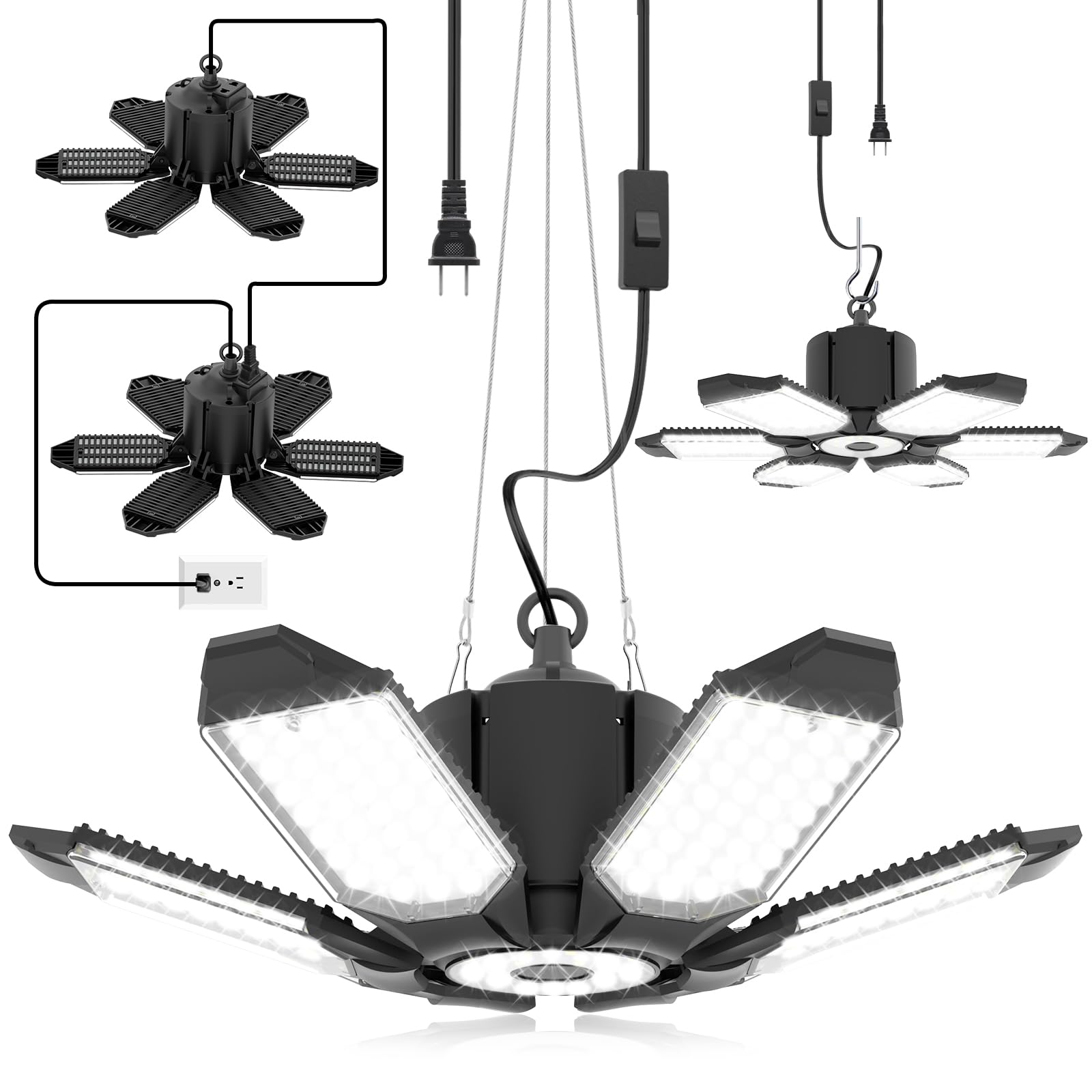 2 Pack Plug In Garage Light - Super Bright 200W 20000Lm Linkable Led Shop Light W/ 9.84Ft Power Cord, 6500K Daylight, 6+1 Deformable Panels, For Garage, Warehouse, Workbench, Workshop