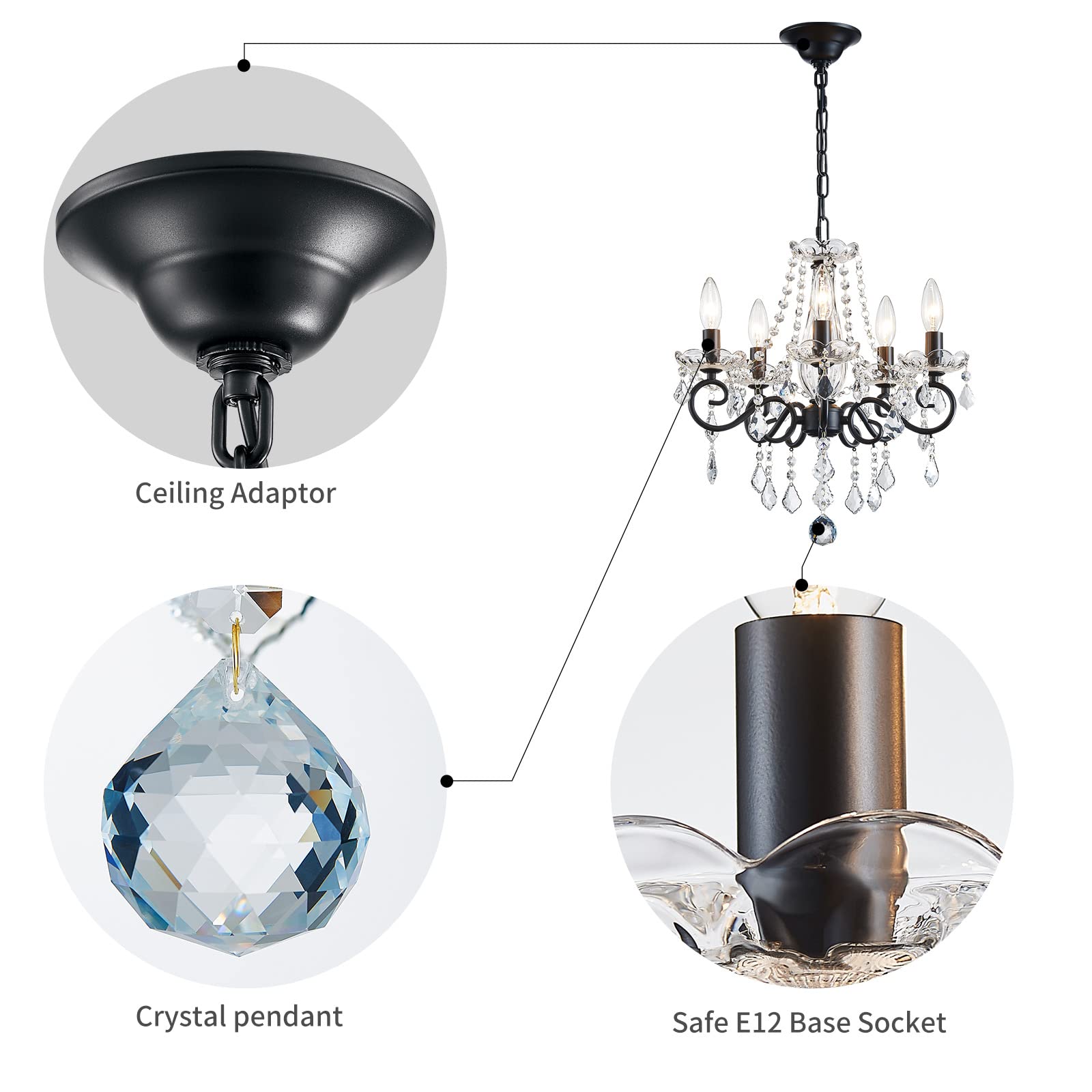 ANJIADENGSHI Small Crystal Chandelier, Black Modern Light Fixture, 16.5"H x 17"W, Mini Pendant for Dining Room, Bedroom, Kitchen