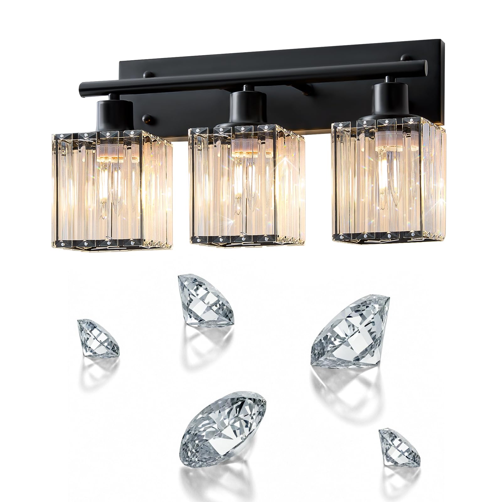 GAMTUE 3-Light Modern Crystal Bathroom Vanity Light Fixtures, Black-Square, Metal, Includes 3 E26 Bulbs