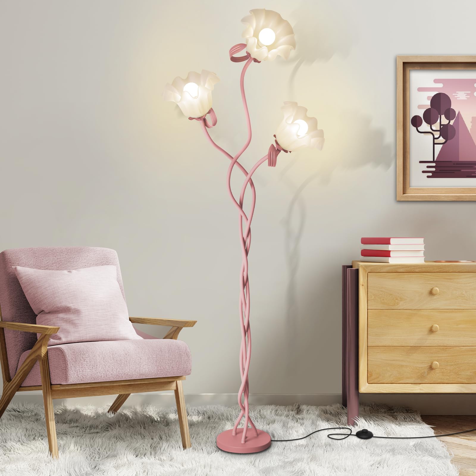 Flower Standing Lamp for Bedroom, Cute Corner Floor Lamp with Flexible Gooseneck, 3 Light Floor Reading Lamp with 3 Color Temper
