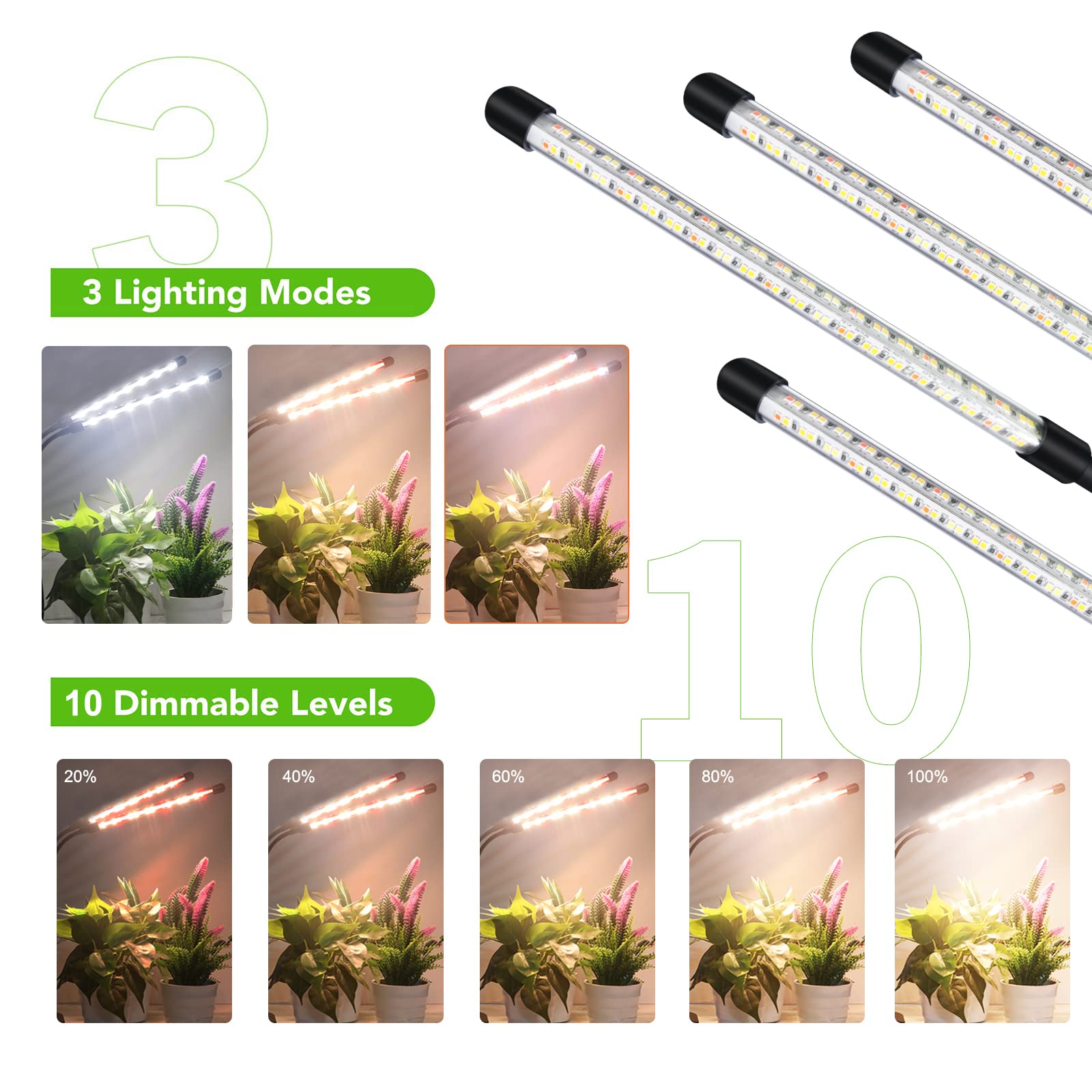 Plant Lights For Indoor Growing, Growstar Full Spectrum 4 Heads Clip Grow Lamps With 10 Feet Cables For Seeding Blooming And Fruiting(2 Pack)