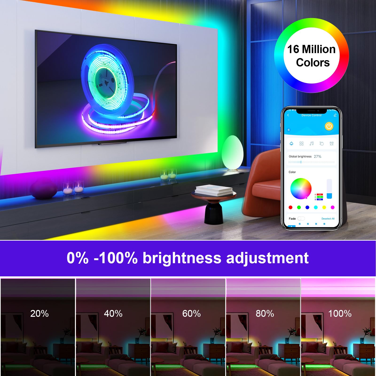 Gupup 16.4Ft Cob Rgb Smart Ic Led Strip Lights,Addressable Color Chasing Strip Light, 24V 2880 Leds Multicolor Flexible Tape Lig