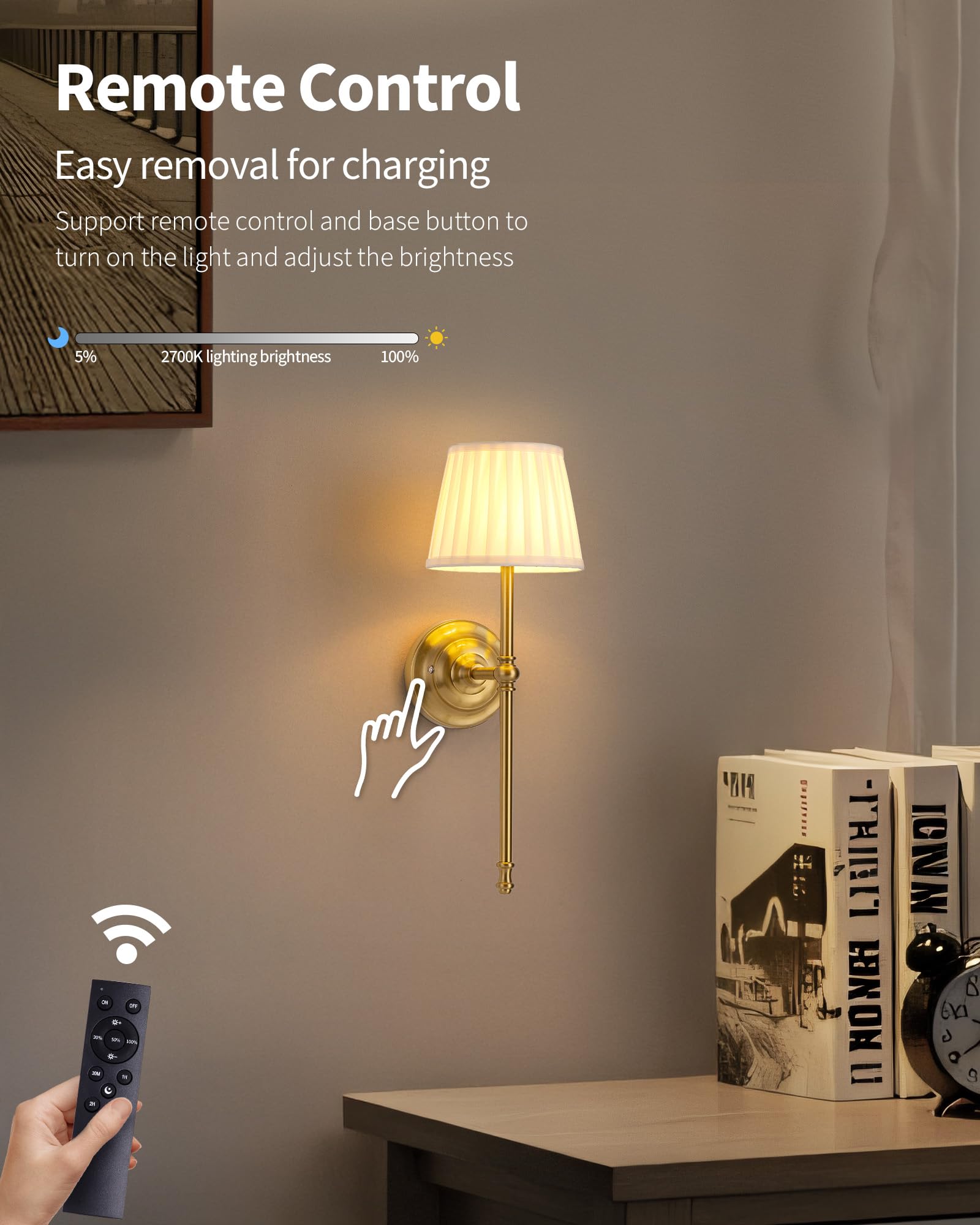 KDG Cordless Wall Sconces Set of 2, Rechargeable LED Fabric Lamps, Gold & Beige, Model AMZ-TBL-034, Perfect for Living Room & Bedroom