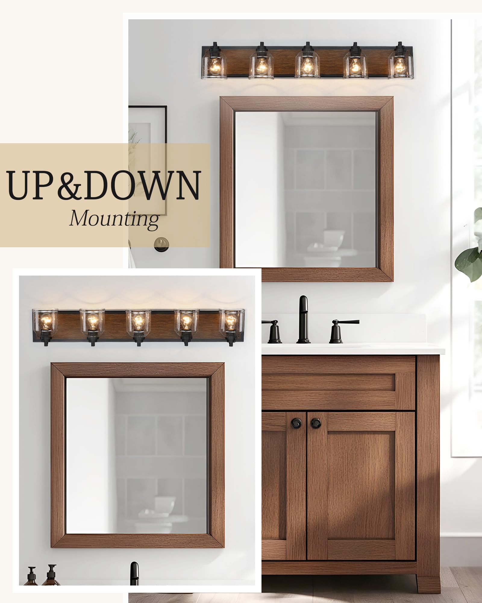 YKLITG 40in Farmhouse Bathroom Vanity Light, 5-Light Brown Metal Sconce with Bubble Glass Shades, Model BD005-5-DW