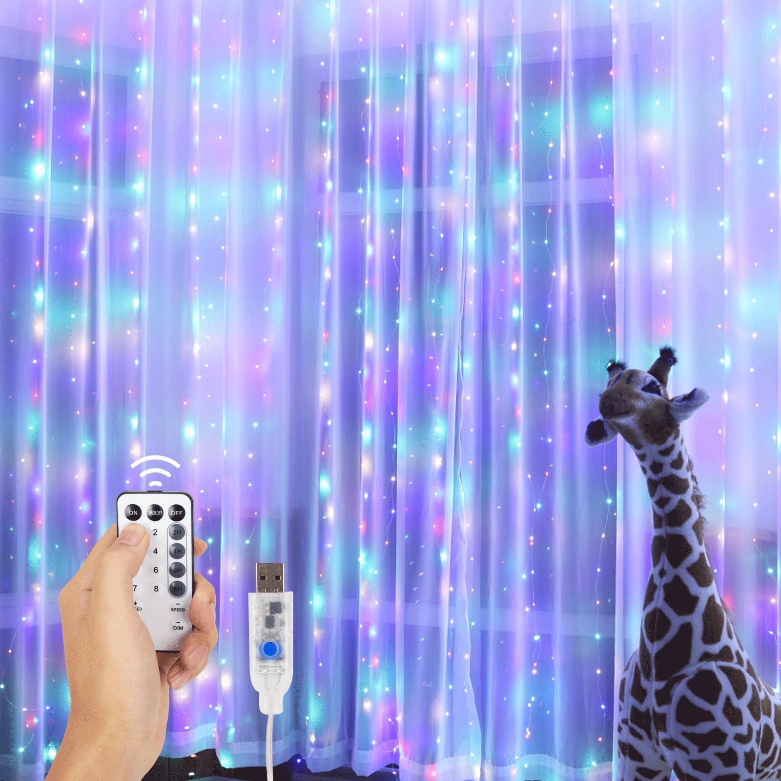 NWLIGHT Fairy Curtain Lights, 300 LED, 9.8x9.8 Ft, Multicolor, 8 Flashing Modes, USB Plug for Indoor/Outdoor Use