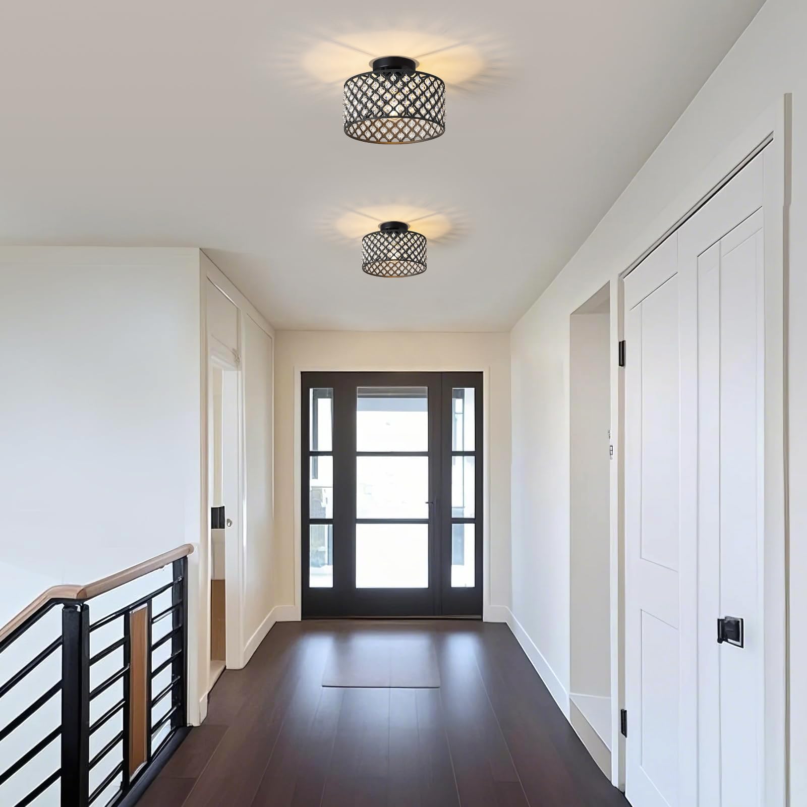 BZVESR Black Crystal Ceiling Light Fixture, Modern Semi Flush Mount Chandelier, 11.2 inch, for Dining Room, Hallway, Kitchen, Bedroom