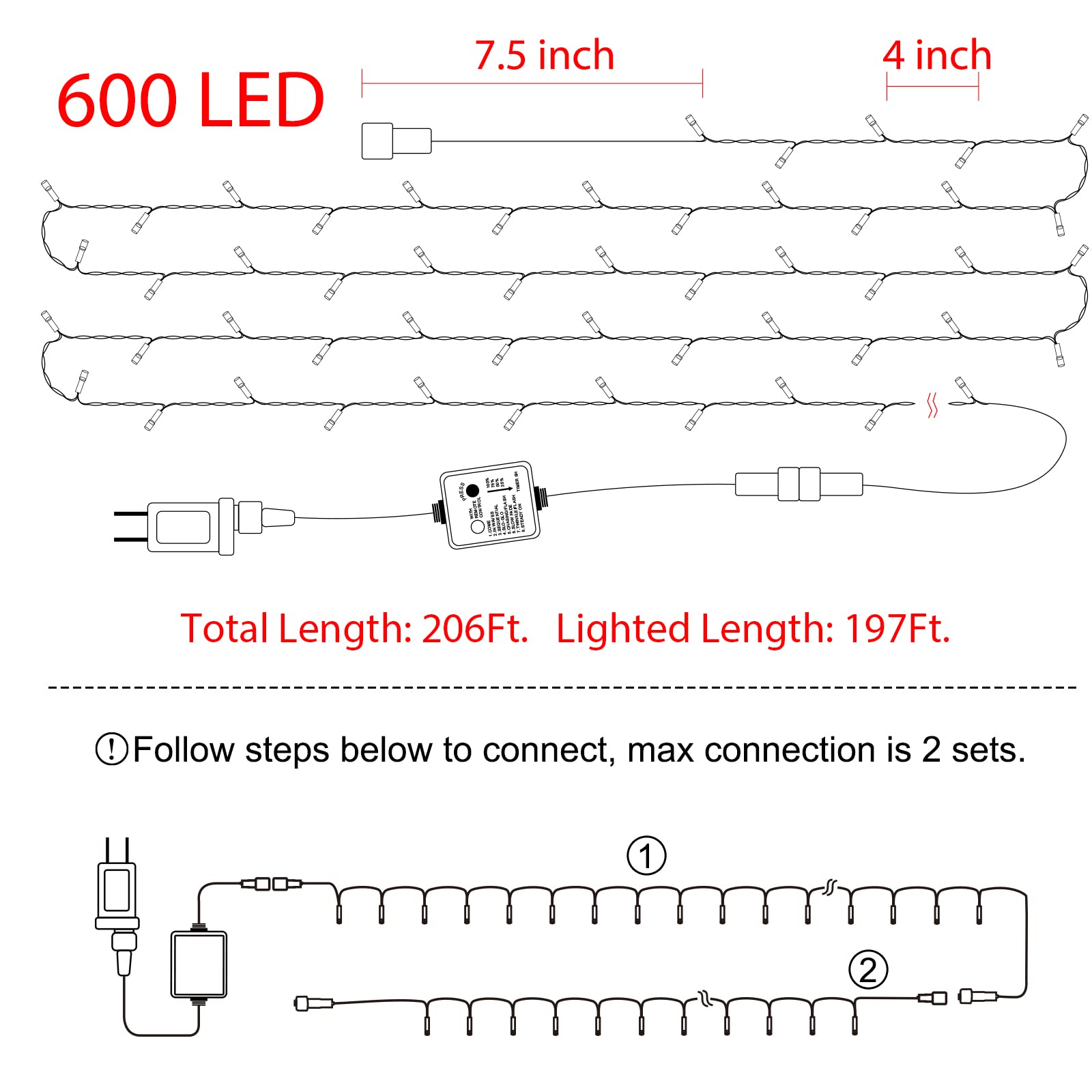 Christmas Tree Lights Outdoor, 168Ft 600 Led Twinkle Fairy Lights String Lights With 8 Light Modes For Christmas Led Garland Wreath Wedding Indoor Holiday Decorations With Dark Green Wire, Warm White