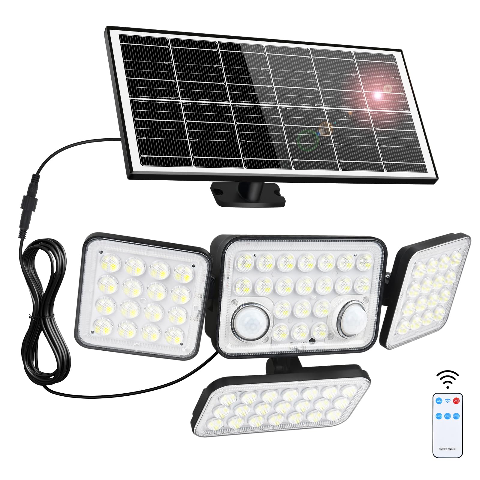Aialun Solar Security Lights Outdoor, Dual Motion Sensor, 8500K, 292 LEDs, 4 Heads, 16.4ft Cable, Remote Control, Black, Model TYN-