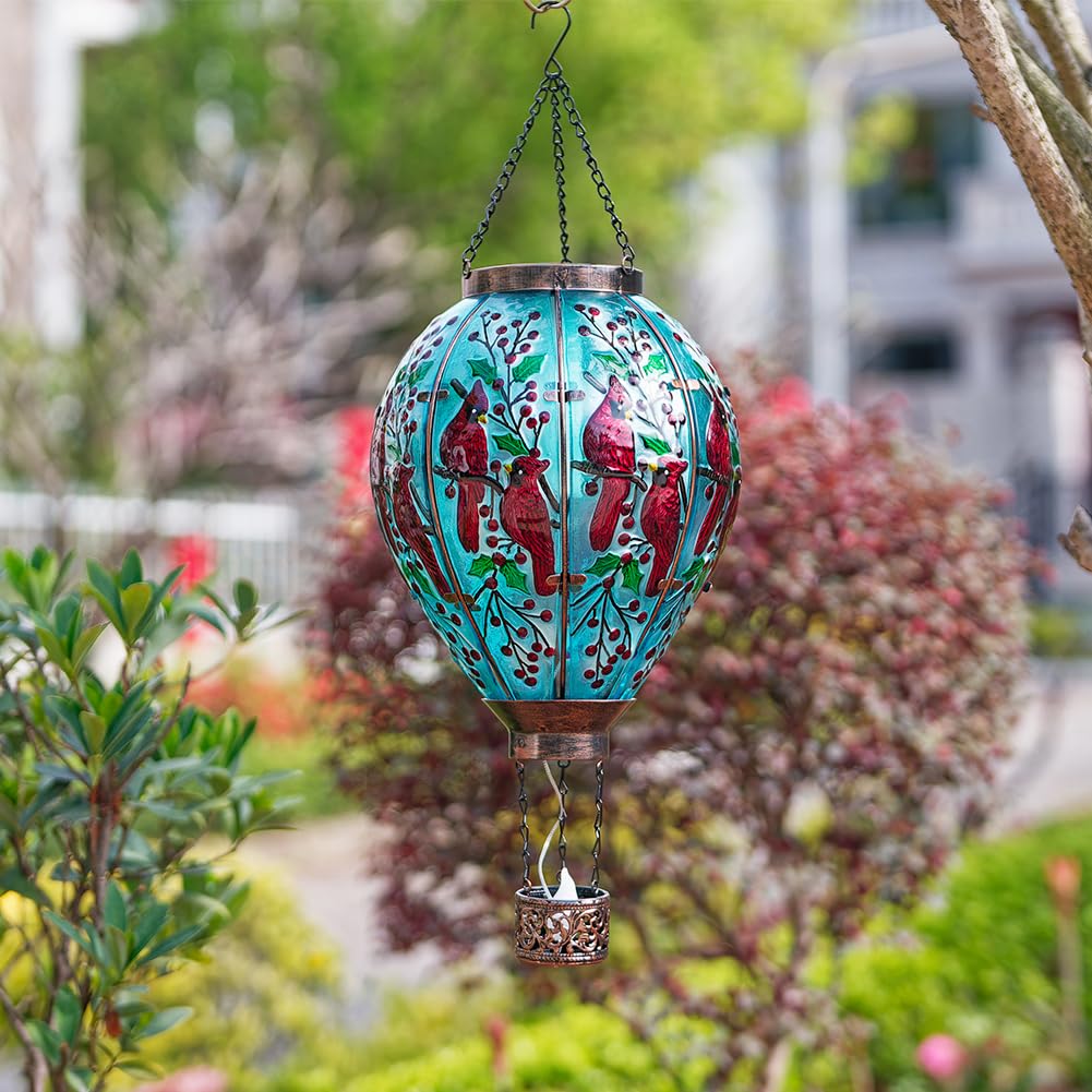Dreamsoul Cardinal Large Solar Hot Air Balloon Lantern With Flame, Glass Hanging Solar Lanterns Outdoor Waterproof For Garden Ya