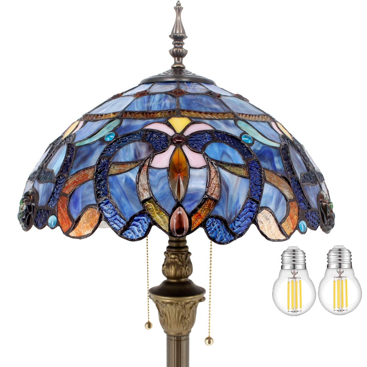 WERFACTORY Tiffany Floor Lamp Blue Purple Cloudy Stained Glass Standing Reading Light 16X16X64 Inches Antique Pole Corner Lamp D