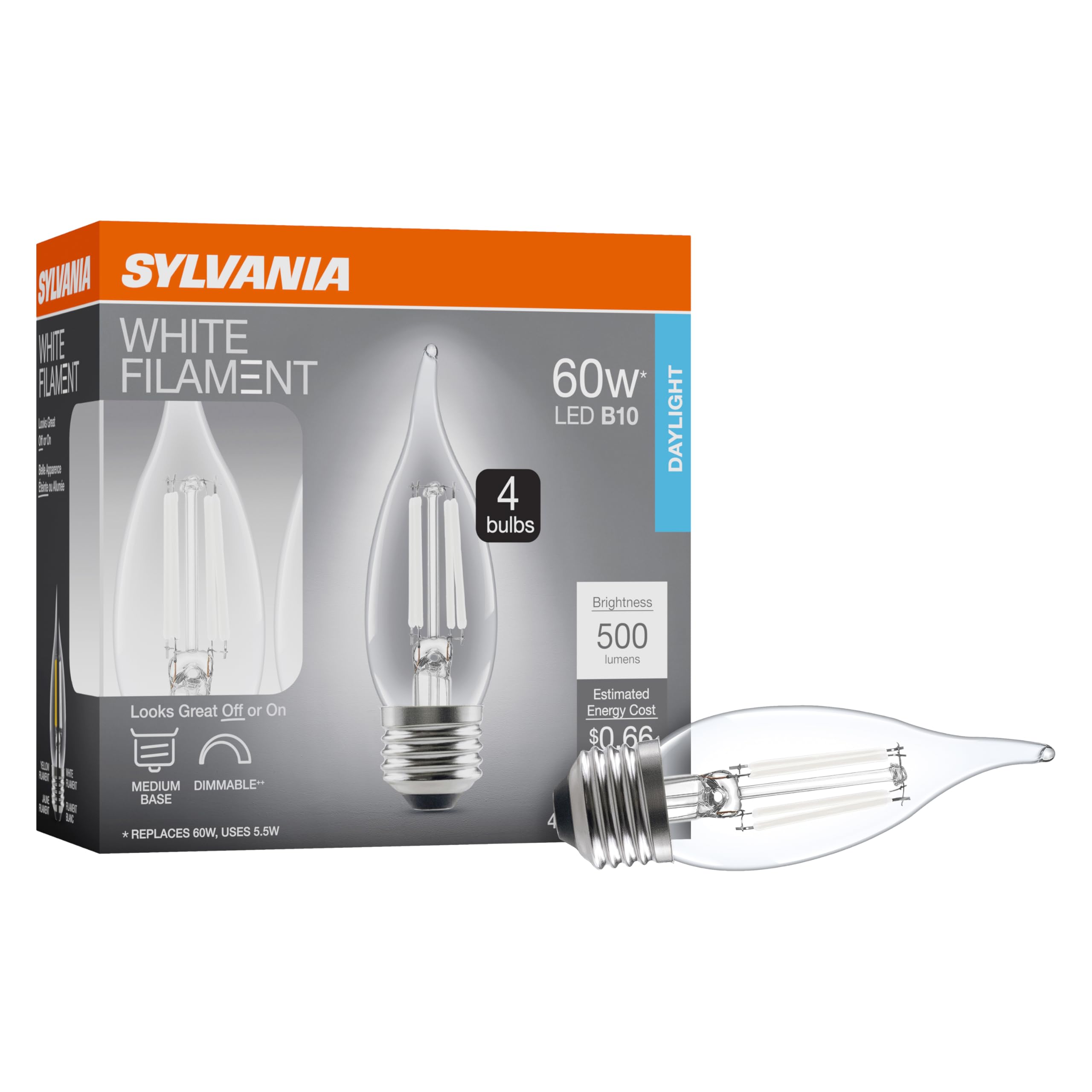 Sylvania B10 Clear Led White Filament Bulb, 5.5W, Dimmable, 500 Lms, Medium Base, 5000K, Daylight - 4 Pack (42255)