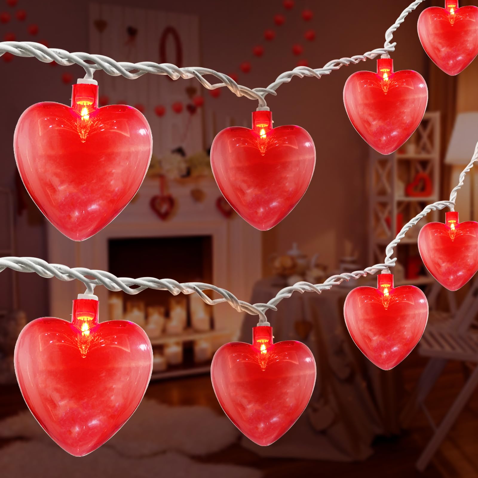 Oviejo 8.5Ft Red Heart String Lights, Valentine Party Decorations Lights with 10 Red Heart, Connectable Romantic Fairy Lights fo