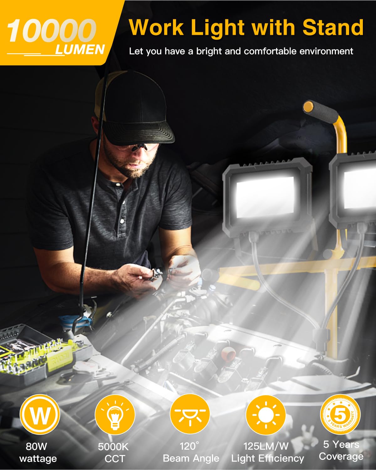 Led Work Light With Stand, 10000 Lumen 2 Adjustable Head Work Light, With Adjustable And Foldable Tripod Stand, Waterproof Lamp