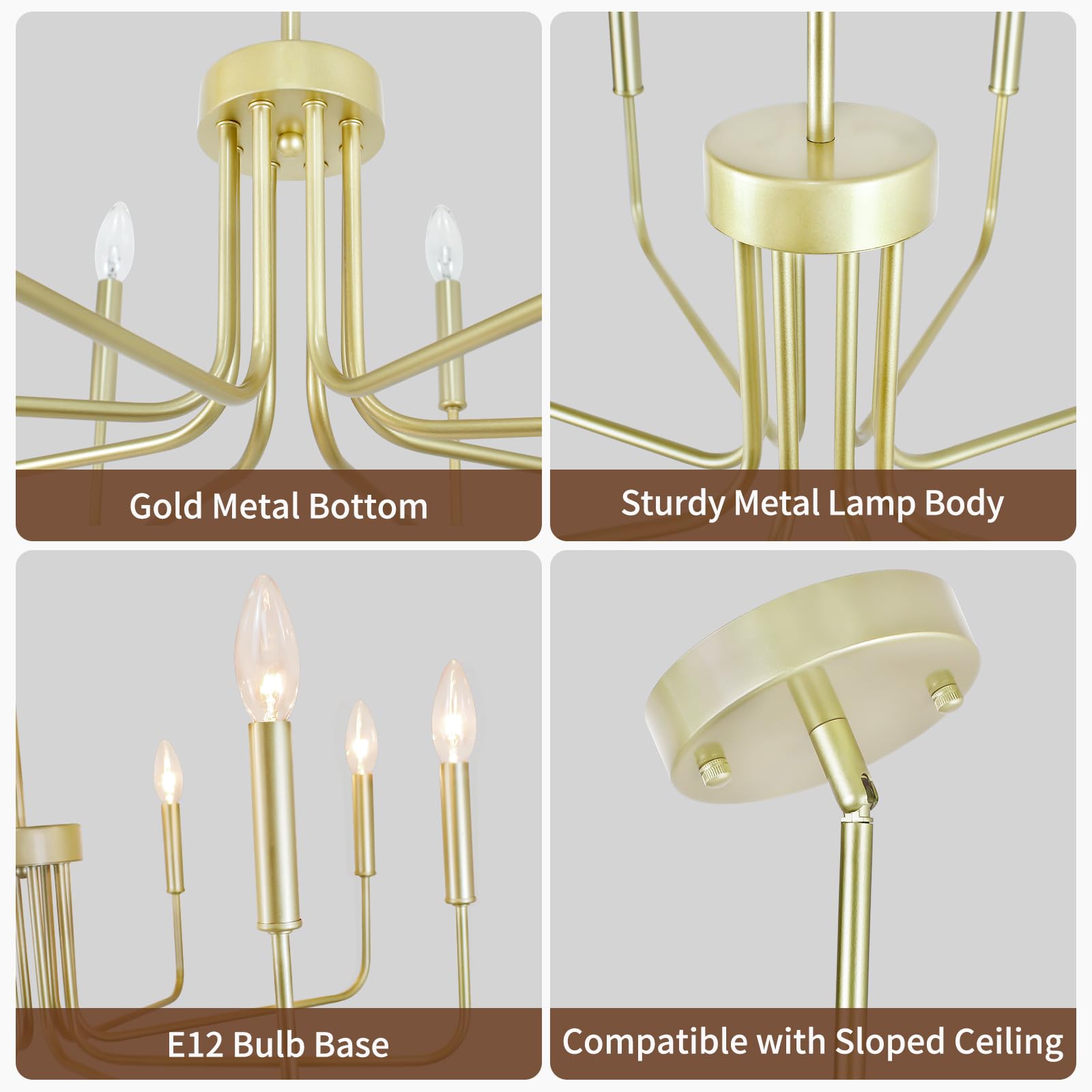Gold Chandelier, 8-Light Farmhouse Chandeliers For Dining Room, Gold Candle Chandelier Light Fixtures For Kitchen, Living Room,