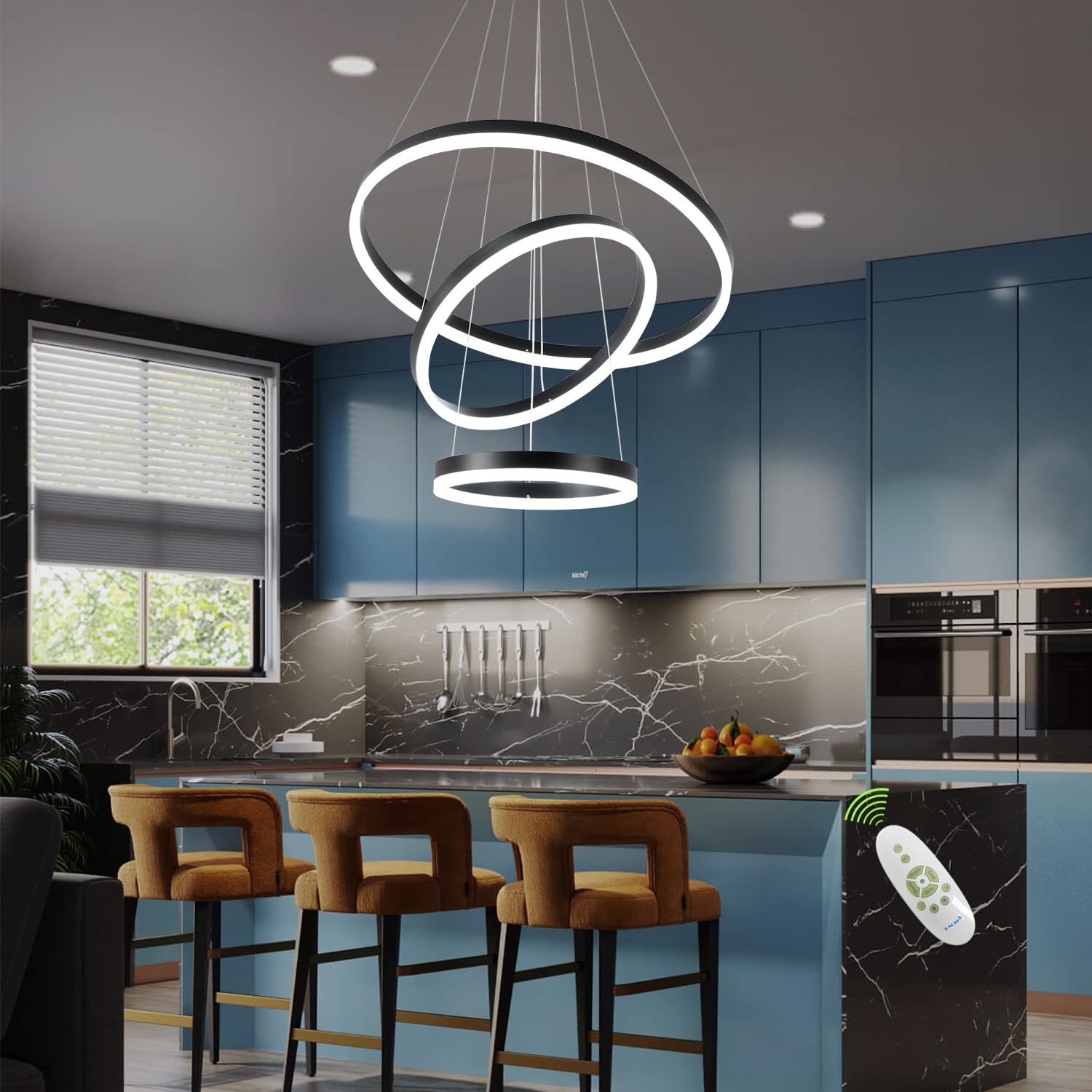 Silver Chandelier Led Pendant Light Fixture - 3 Ring Dimmable Modern Chandelier with Remote Control for High Ceiling Dining Room