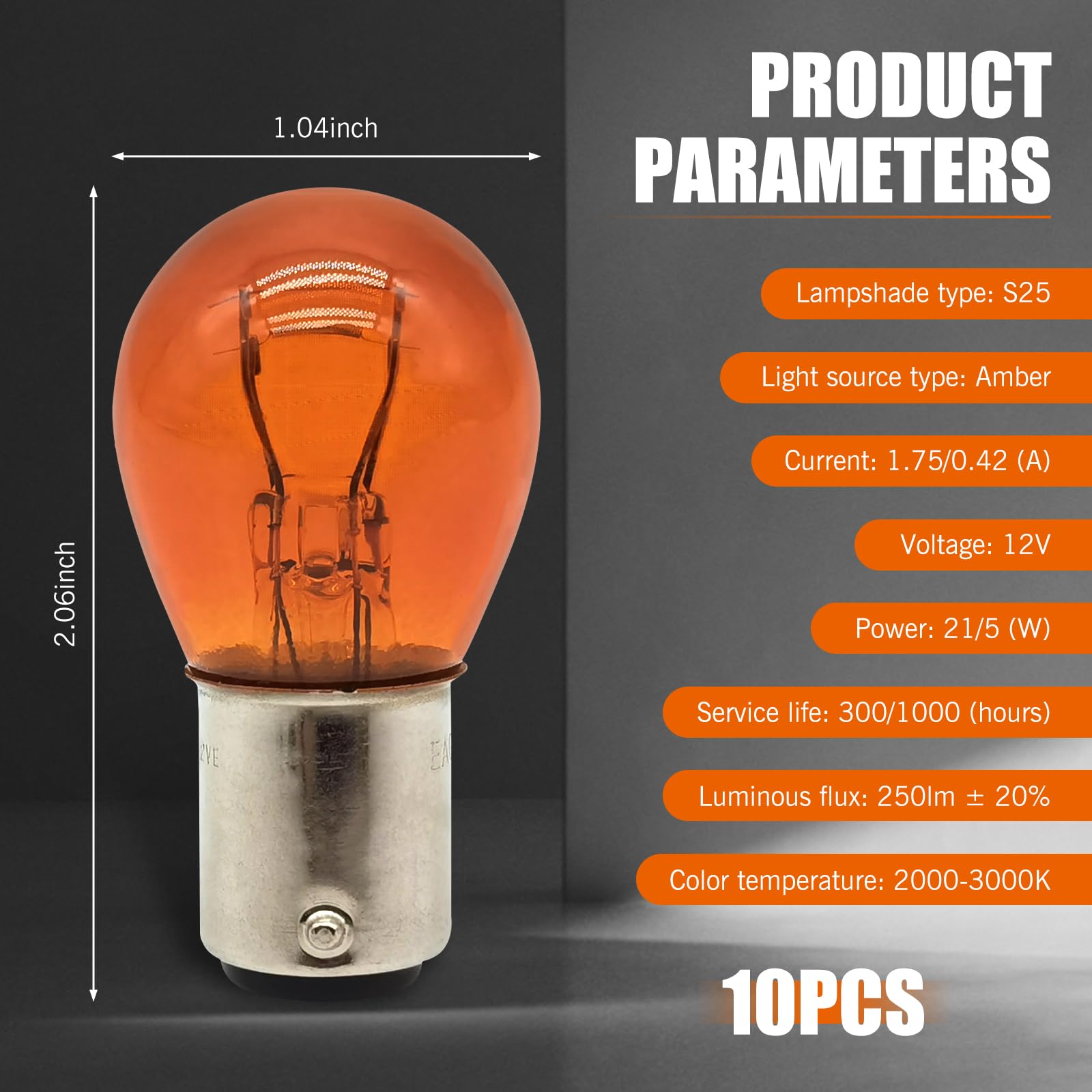 Flygun 1157 P21/5W S25 BAY15D Bulbs, Amber, 10 PCS, Glass, Double Tail High/Low Brake Lamp, Universal Replacement