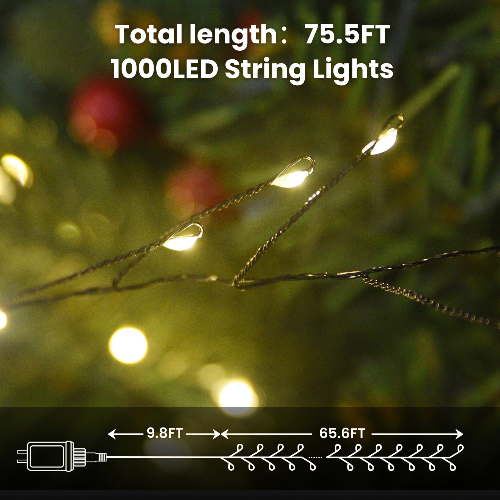 Dailyart Fairy Lights Plug In  1000 Led Twinkle String Light With Remote 75Ft Waterproof 8 Modes Warm Cluster Lights With Timer For Bedroom Wreath Window Wedding Christmas Tree Decoration Black Wire