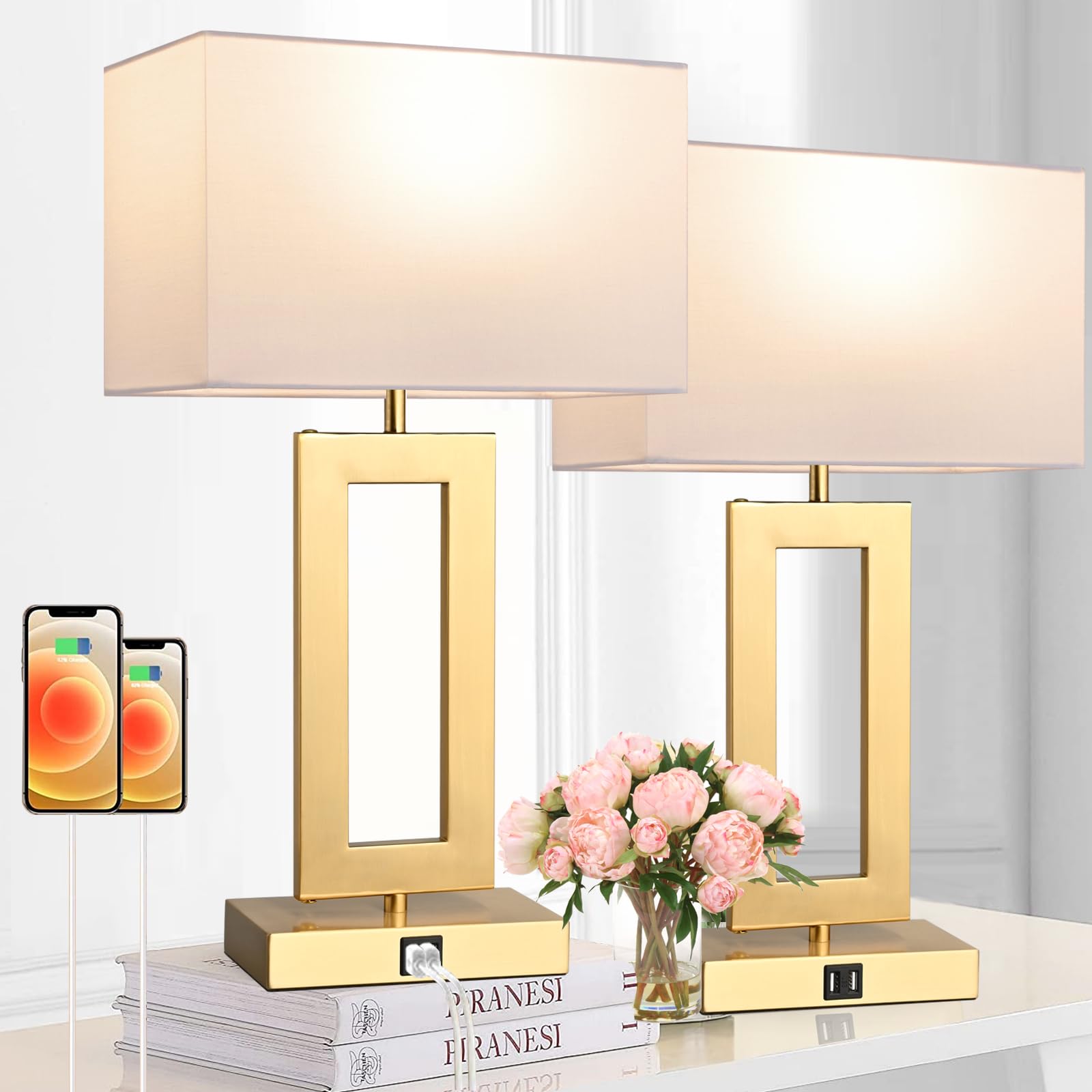 Brightwe 22 Touch Control Table Lamps - 3-Way Dimmable, 2 Usb Ports, Metal, White & Gold, Model Ql5166W, Led Bulbs Included