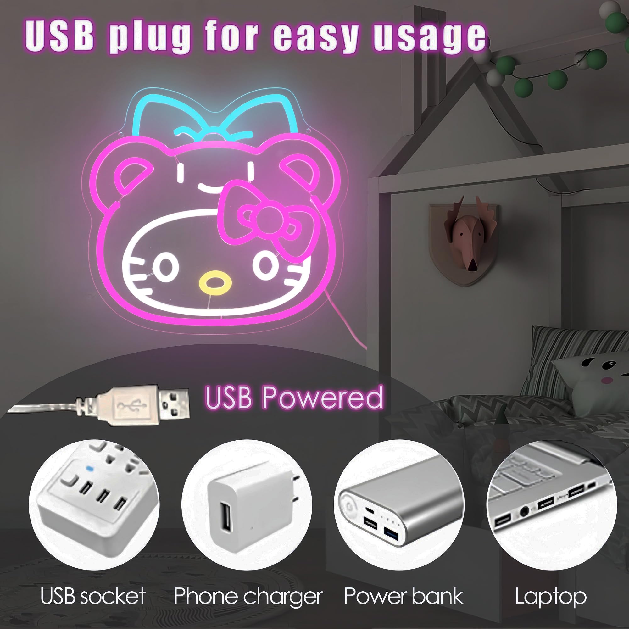 Kitty Cat Dressed As Cheer Bear Neon Sign for Wall Decor kitty Led Light Room Decor Japanese Neon Light LED Sign for Anime Fans