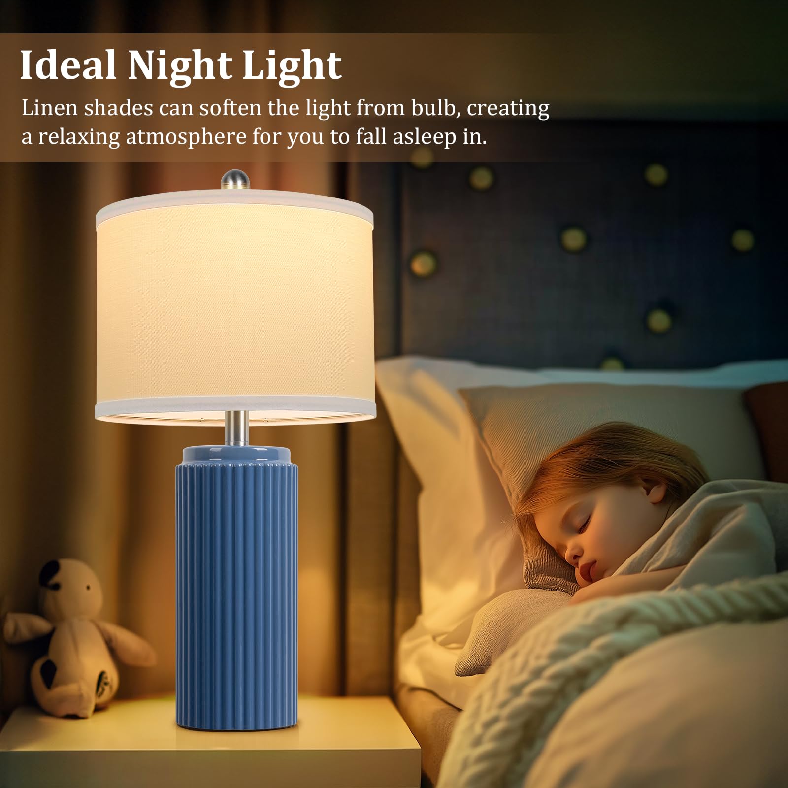 TOBUSA Blue Table Lamps Set of 2, Modern Ceramic Bedside Nightstand Lamps, 23.5’’ Height, White Shade, Model TB0309