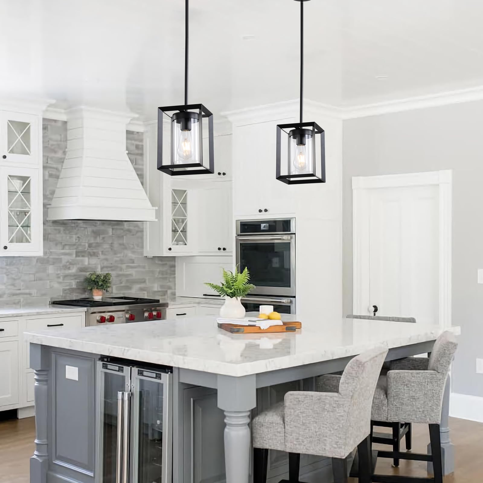 Sheenkarion 1 Pack Farmhouse Black Kitchen Island Pendant Light,Modern Hanging Pendant Light Fixtures With Metal Cage And Clear