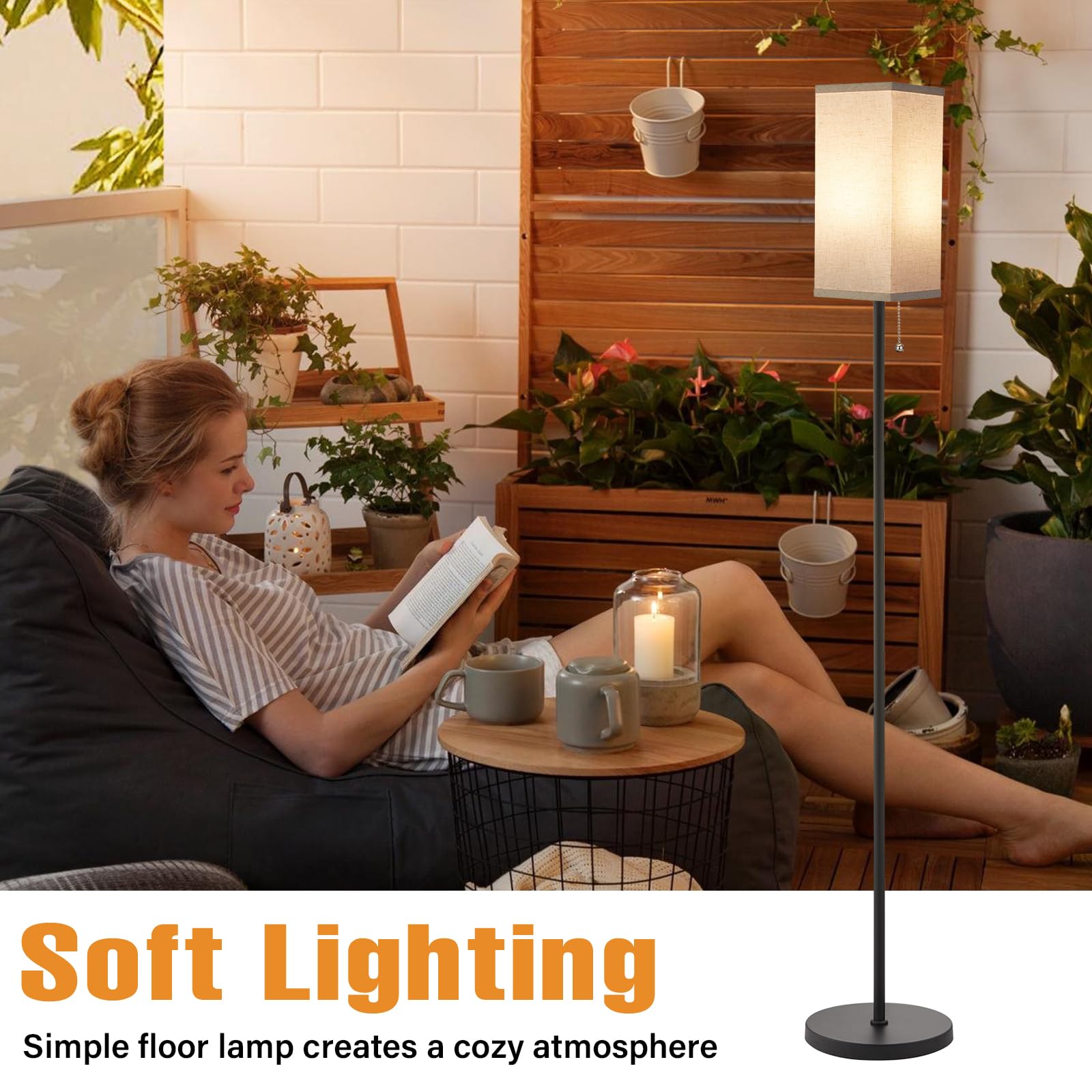 Ambimall Floor Lamp with Pull Chain Switch, 64in Metal Standing Lamp, Beige Square Shade & Black Pole, Model RPT-ZGB122