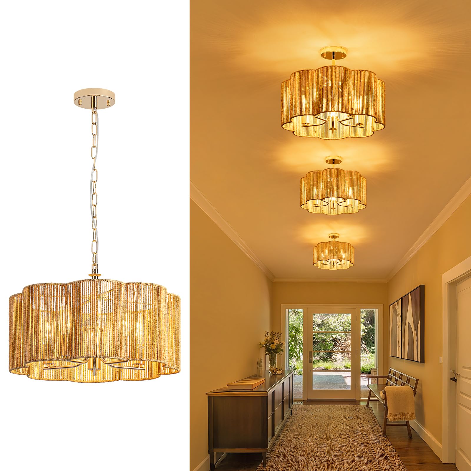 Tbaoinla 5-Light 19.6'' 2-In-1 Linear-Woven Rattan Ceiling Light - Convertible Flush Mount/Pendant For Kitchen Island & Dining R