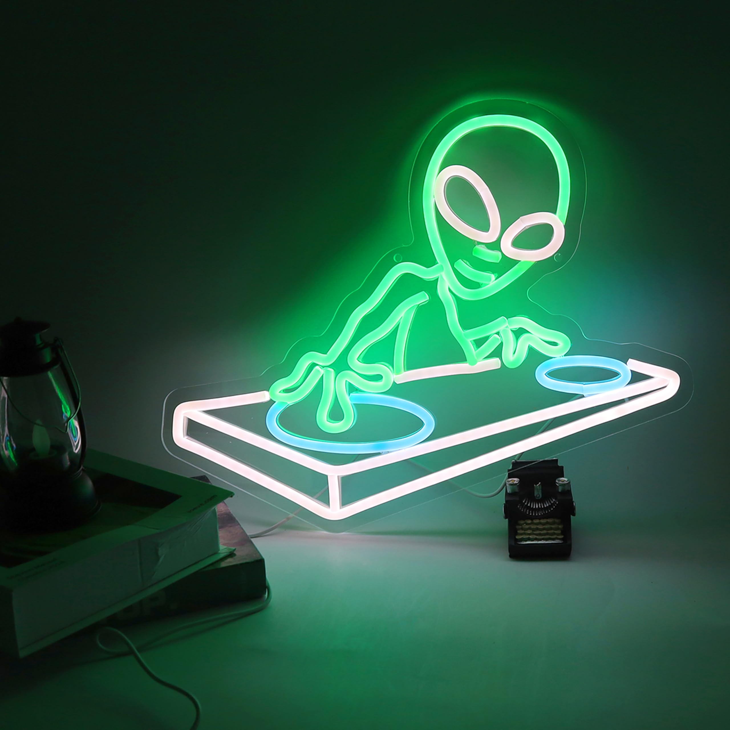 LeDigPig Alien DJ Neon Sign, Dimmable LED Light for Music Bar Decor, 15.7 x 12.6 IN, Acrylic, DJAline-Green