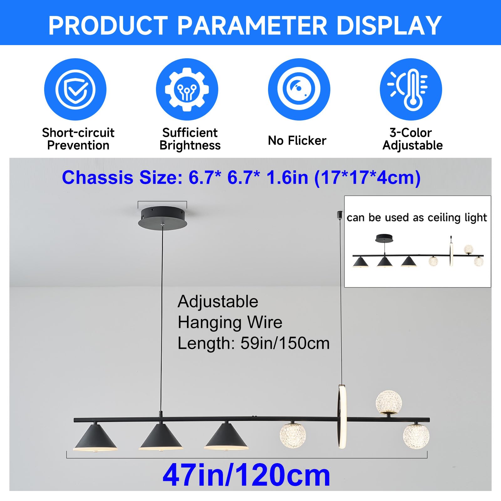 Oranoor Modern Led Pendant Lights, Dimmable 47In Linear Globe Led Chandelier Lighting, Black Dining Room Hanging Light Fixtures